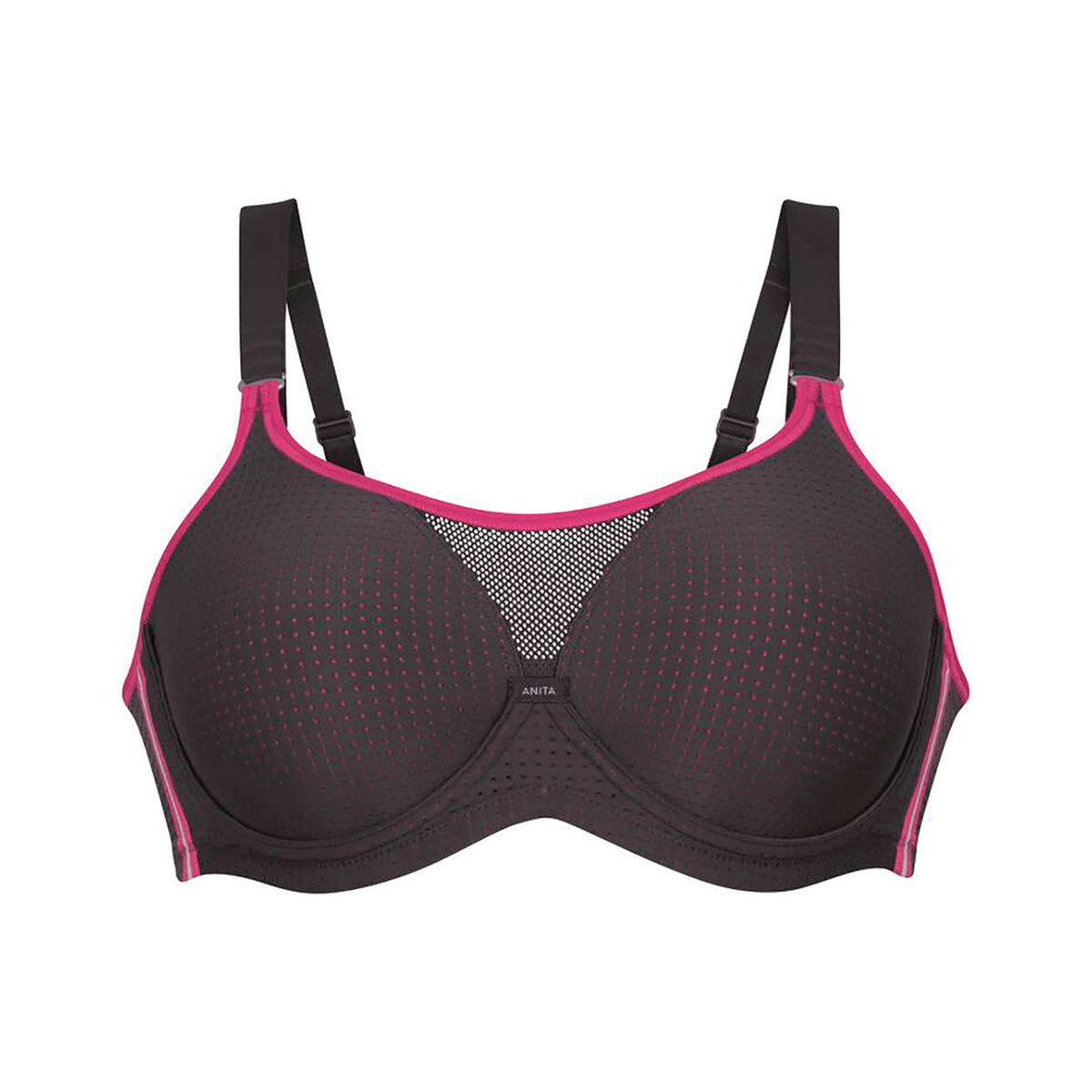 Anita 5599 performance wireX sports bra in 481 anthrazit/pink; a charcoal grey with hot pink trim. Front view without model.