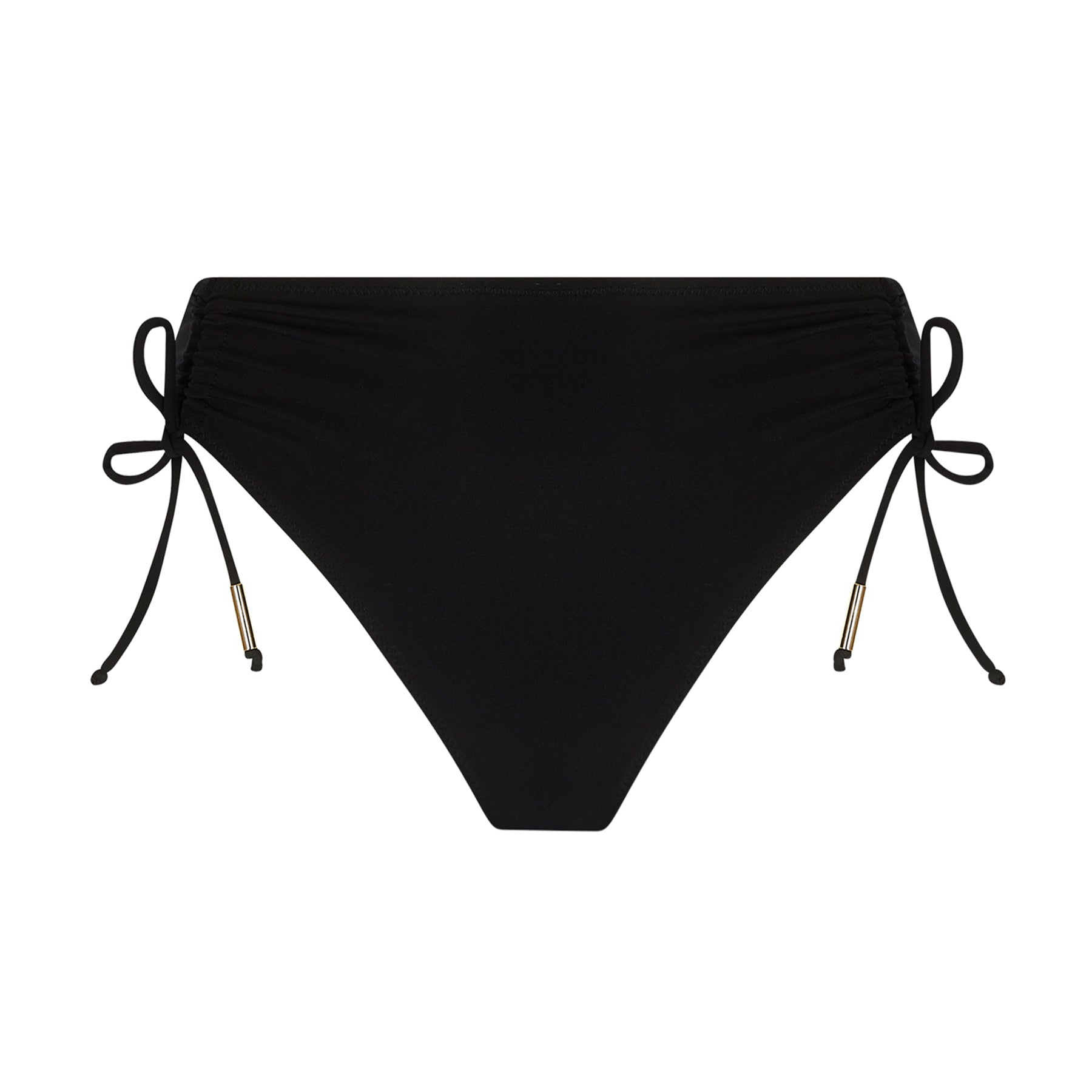 Antigel Glam Tonique black bikini bottom with ruched side ties and gold cord tips, front view.
