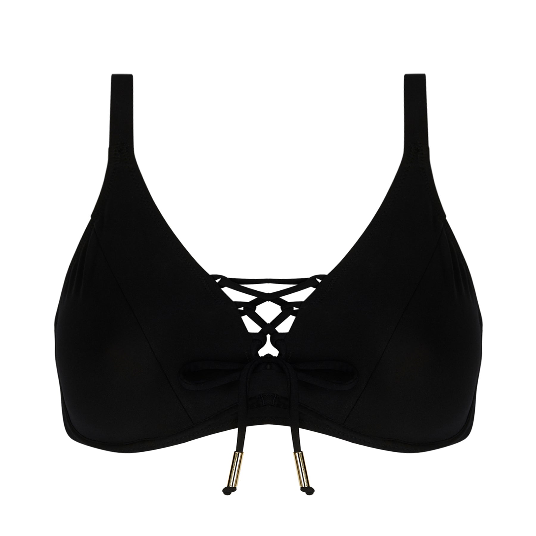 Antigel Glam Tonique underwired plunge bikini top in black with lace-up center and gold-tipped drawstrings.