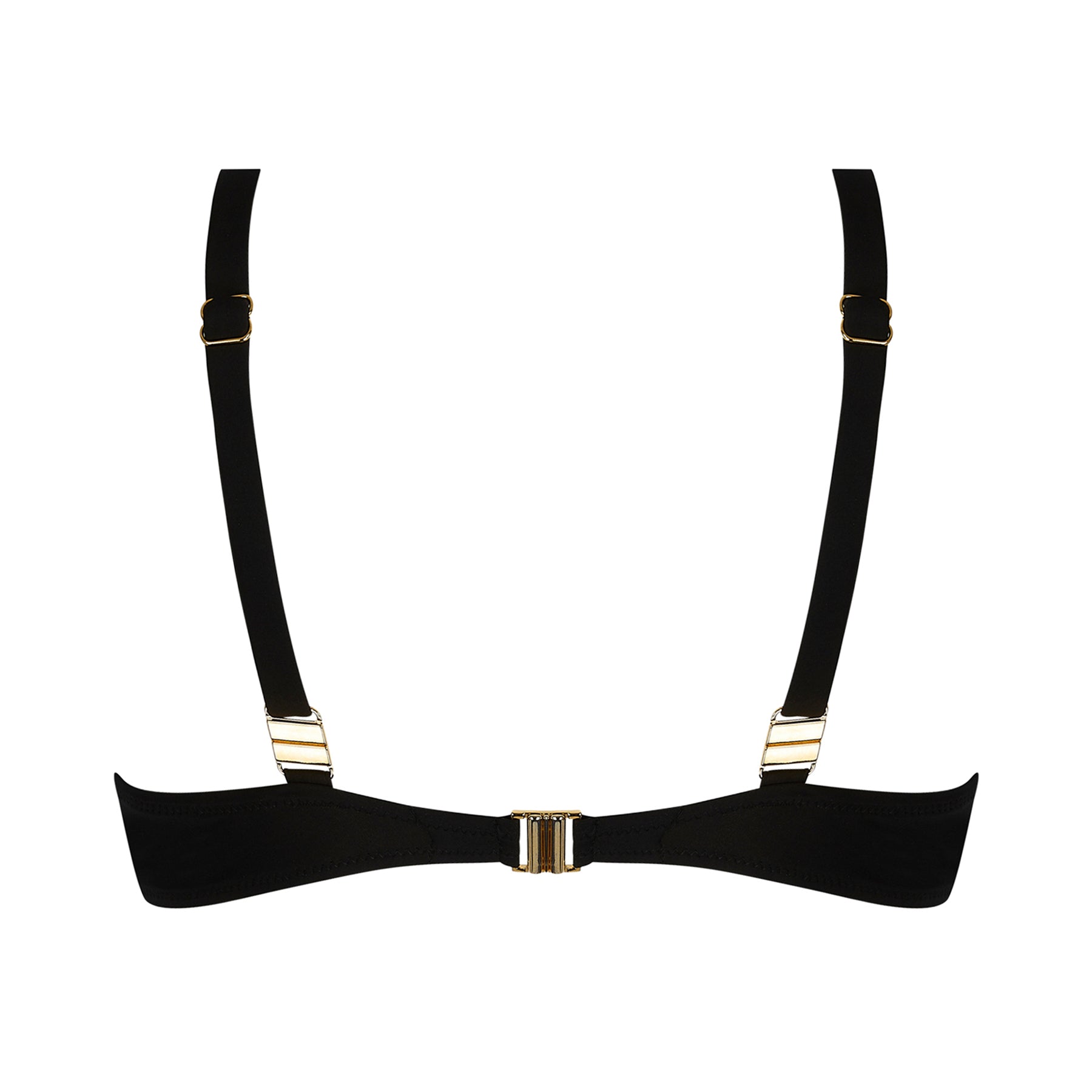 Back view of Antigel Glam Tonique black bikini top with gold hardware and adjustable straps.