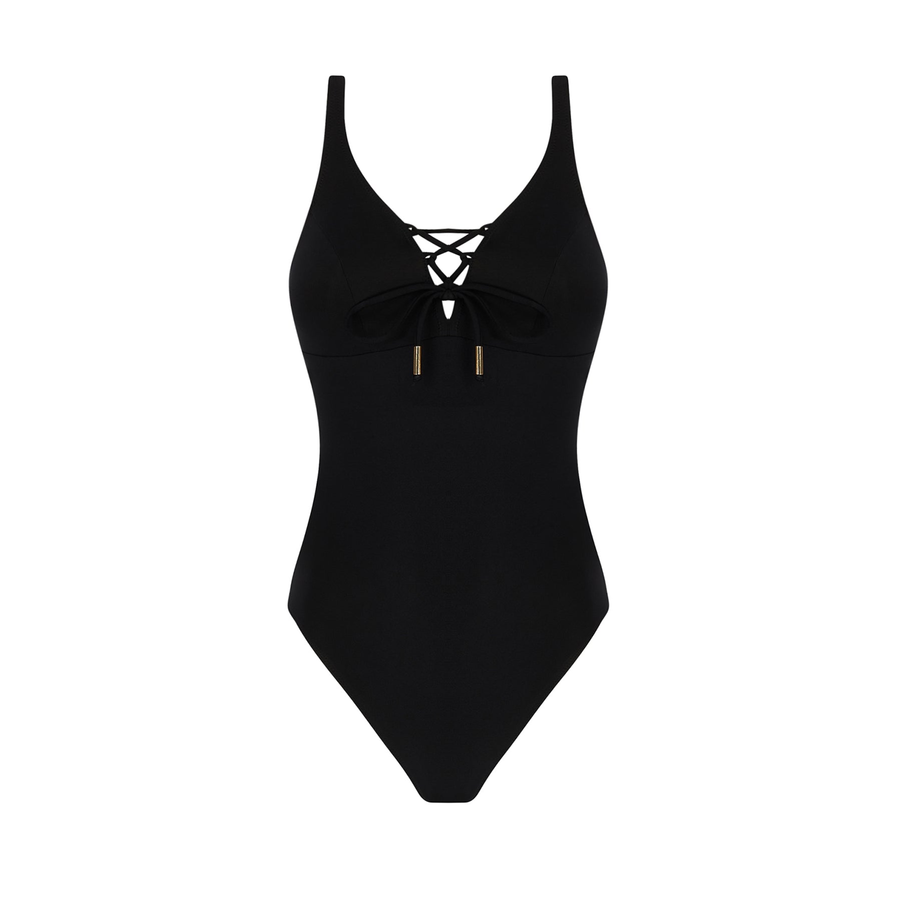 Antigel Glam Tonique black one-piece swimsuit with plunge neckline and front lace-up detail, front product view.