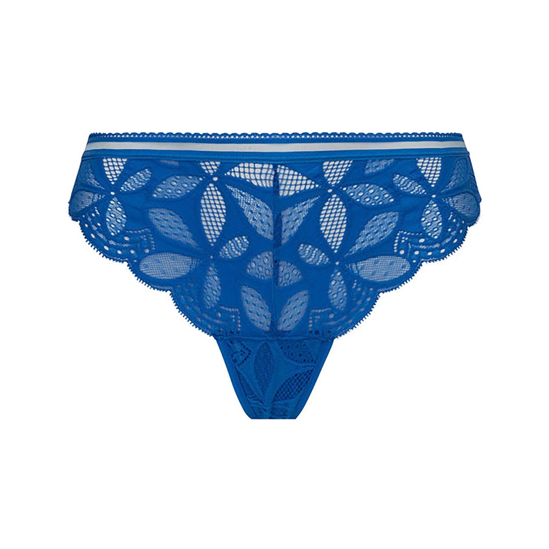 Antigel Stricto Sensuelle thong ECH0017 in cobalt blue with sheer graphic lace, scalloped edges, and low-rise fit – front view.