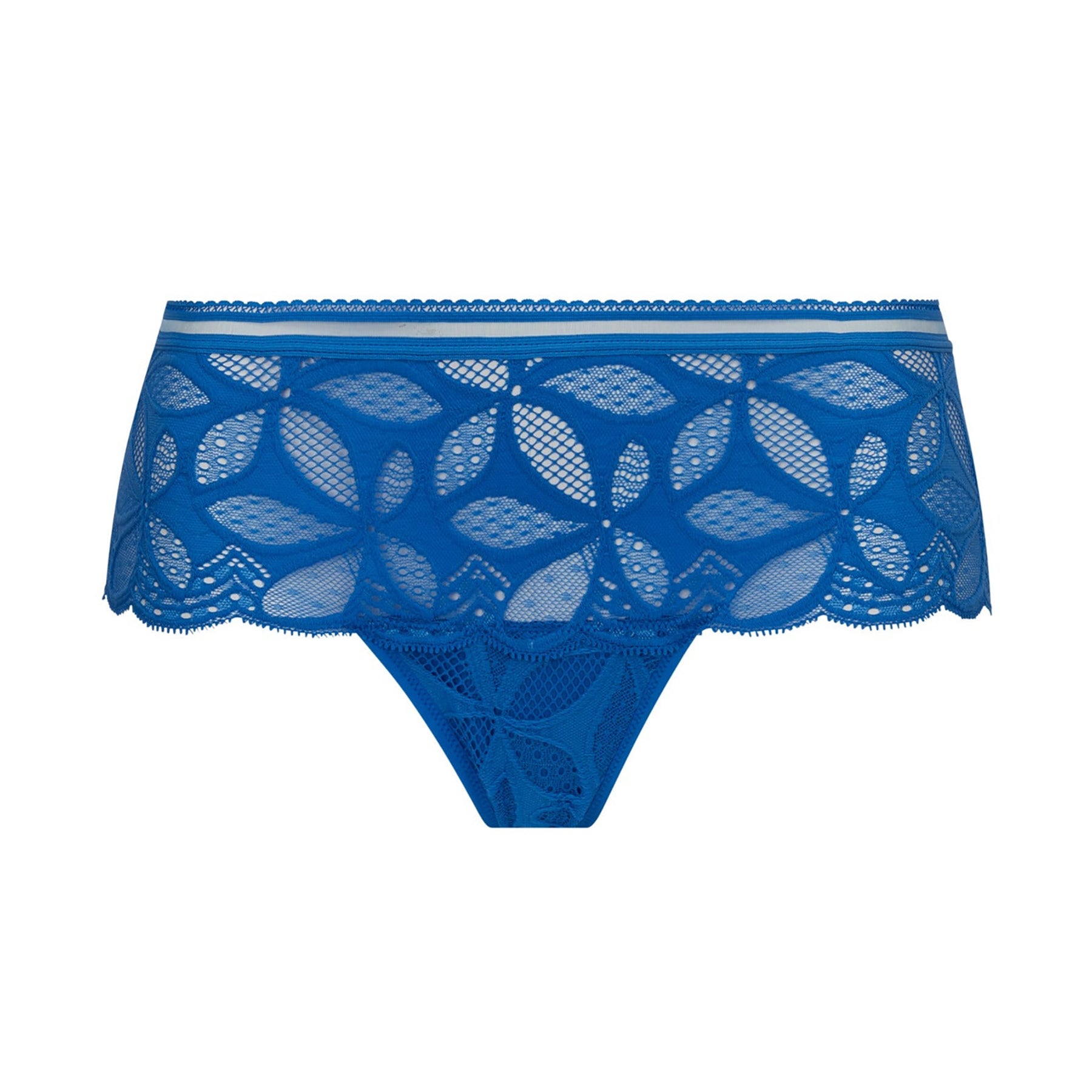 Antigel Stricto Sensuelle boyshort ECH0417 in cobalt blue lace, front view with graphic floral mesh and scalloped edges