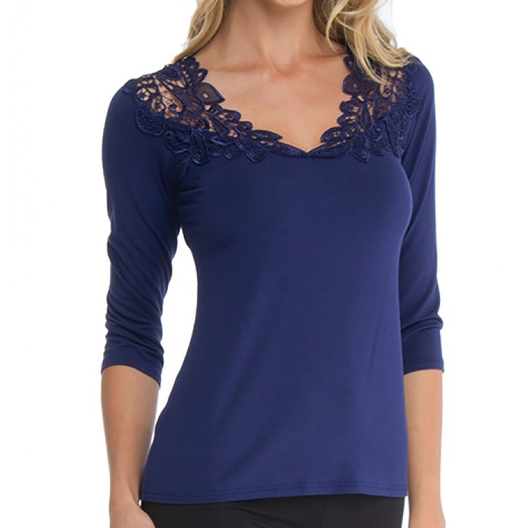Model wearing navy reversible top with 3-4 sleeves and wide crochet lace neckline front view