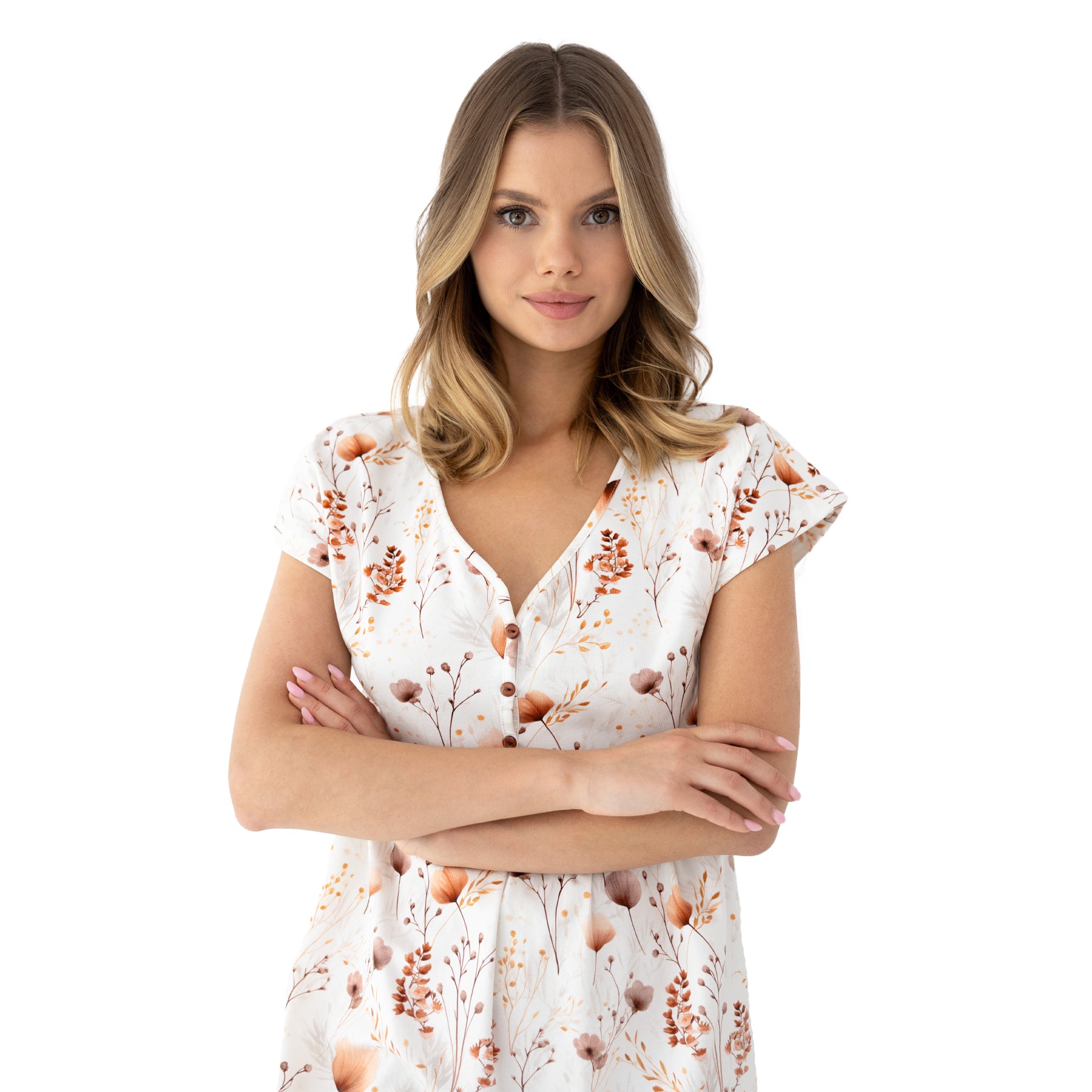 Women’s white floral nightdress with soft blush print, short sleeves and button neckline, relaxed fit on white background