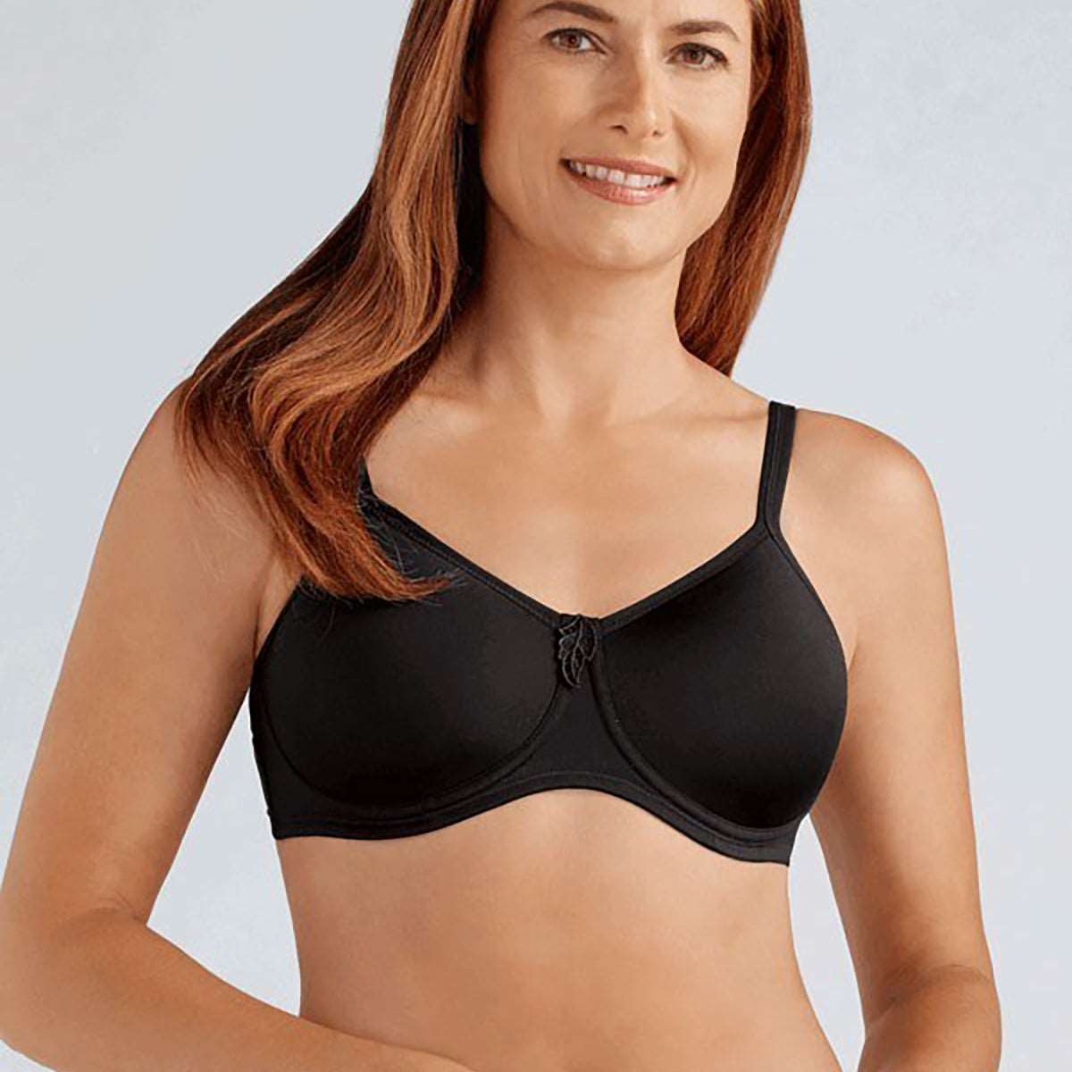 Amoena wireless molded Lara bra in black on model front view 2