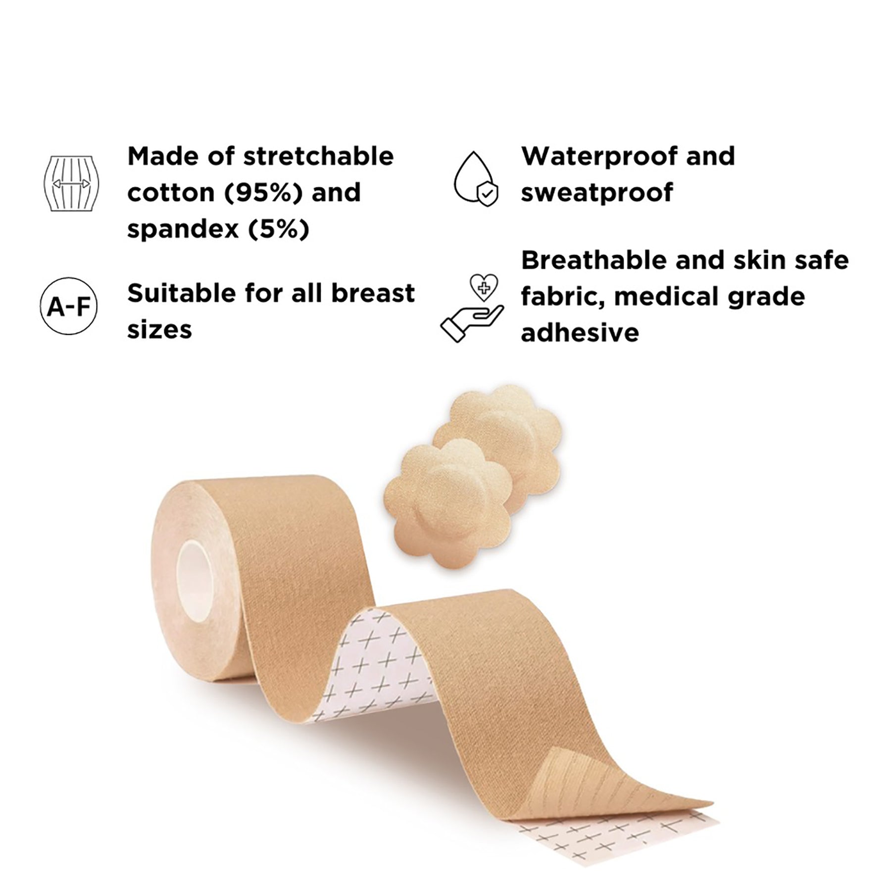 BeConfident breast lift tape and nipple covers info chart – made of cotton and spandex