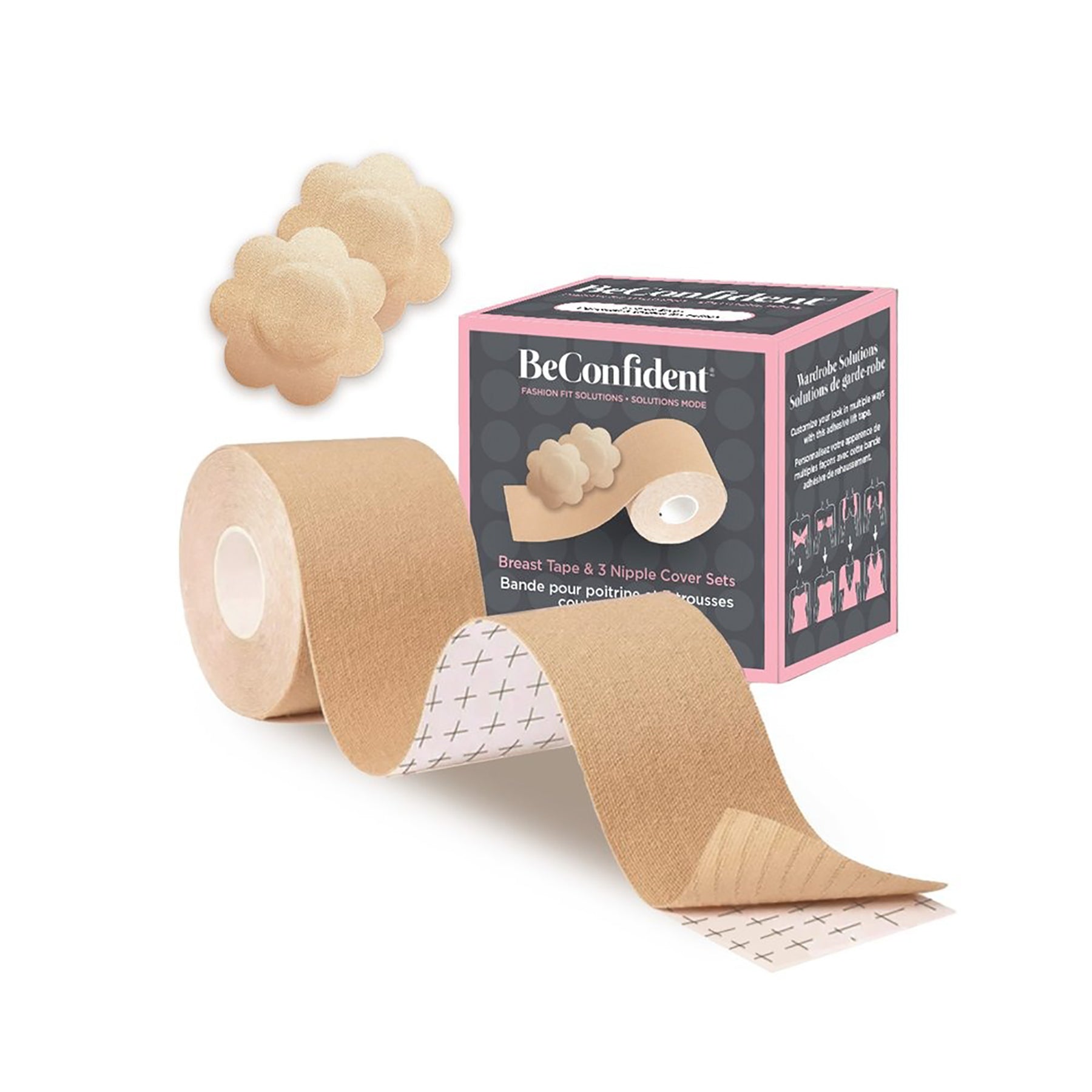 BeConfident breast tape roll with box and nipple covers product display