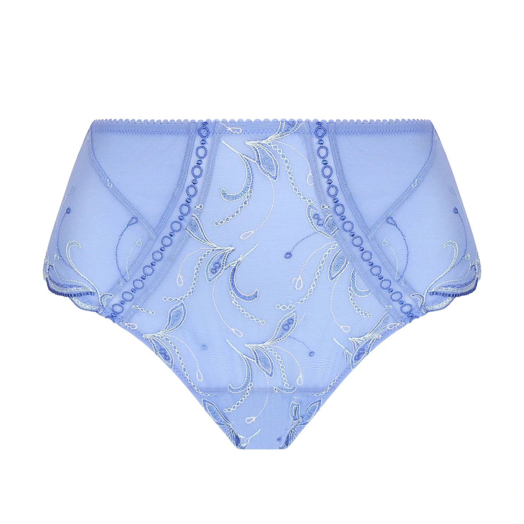 Light blue embroidered full brief with sheer tulle panels and delicate floral detailing at the front.