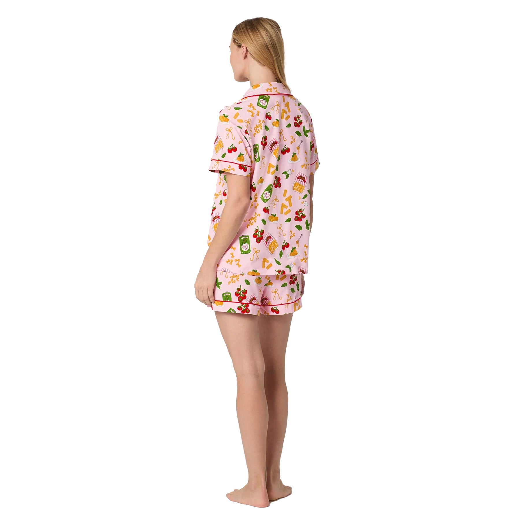 Back view of Bedhead pink pajama short set with colourful pasta and olive oil print on soft sleepwear fabric.