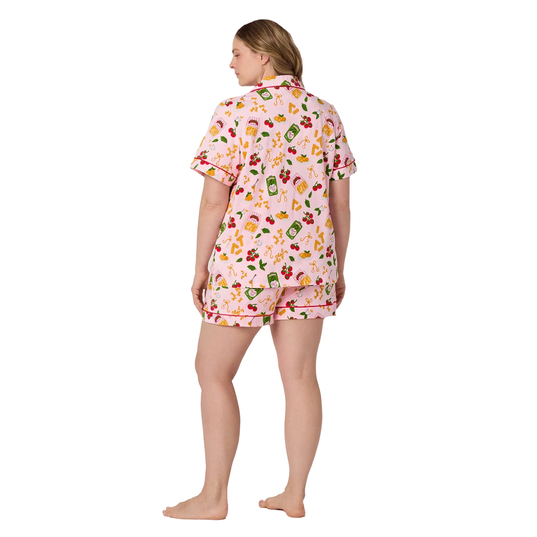 Back view of plus size Bed Head pink pajama short set with pasta and tomato print for cozy summer nights.