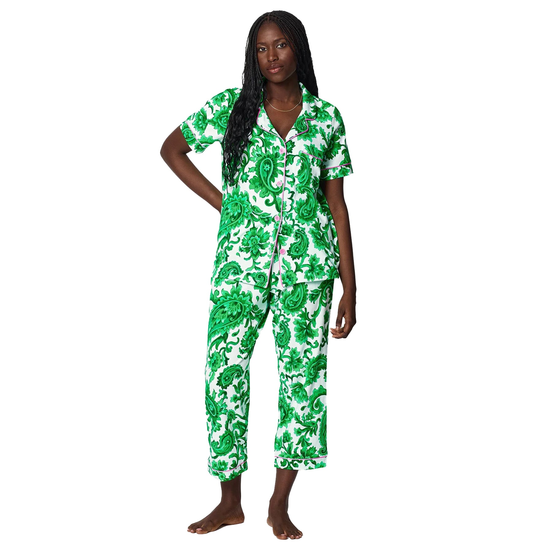 Front view of green paisley print cotton pyjama set with short sleeve button-up top and cropped pants.