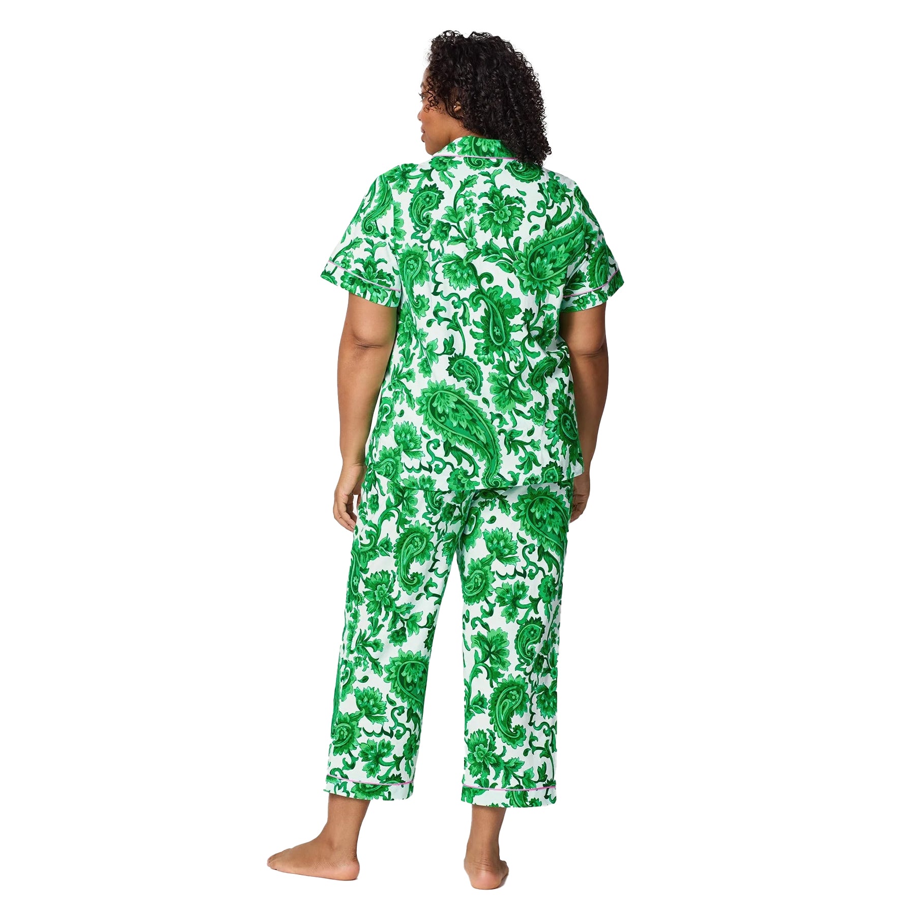 Back view of plus size green paisley pyjama set with relaxed fit and cropped lounge pants.