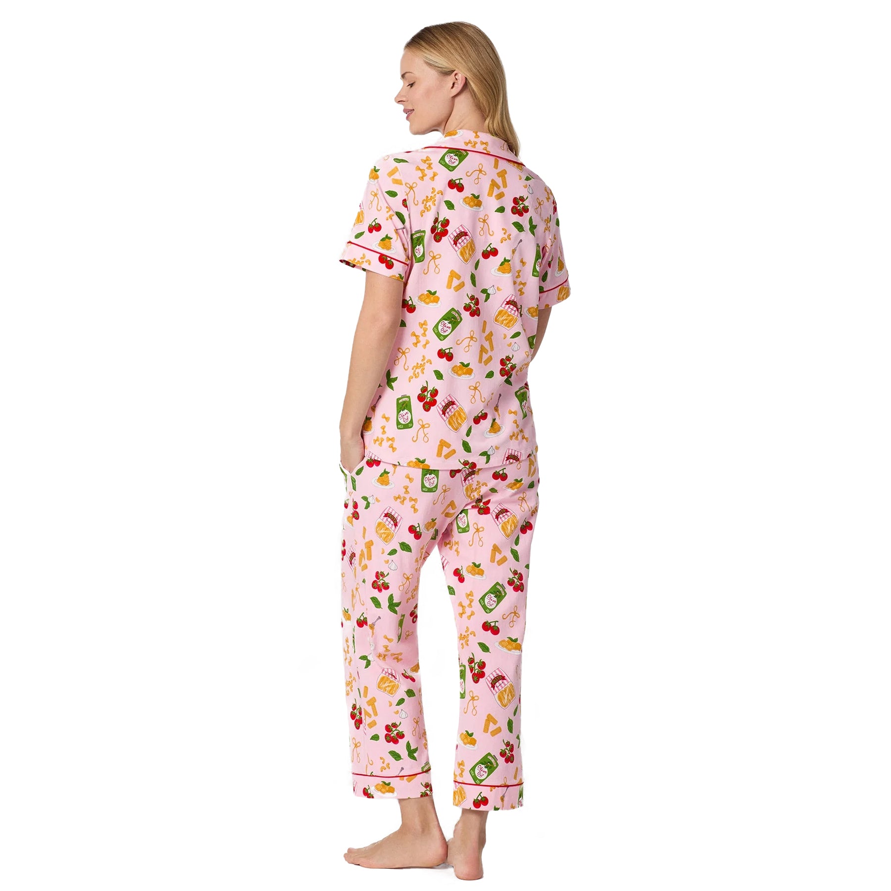Back view of Bed Head pajama PJ set with playful pasta and tomato print on soft pink sleepwear fabric.