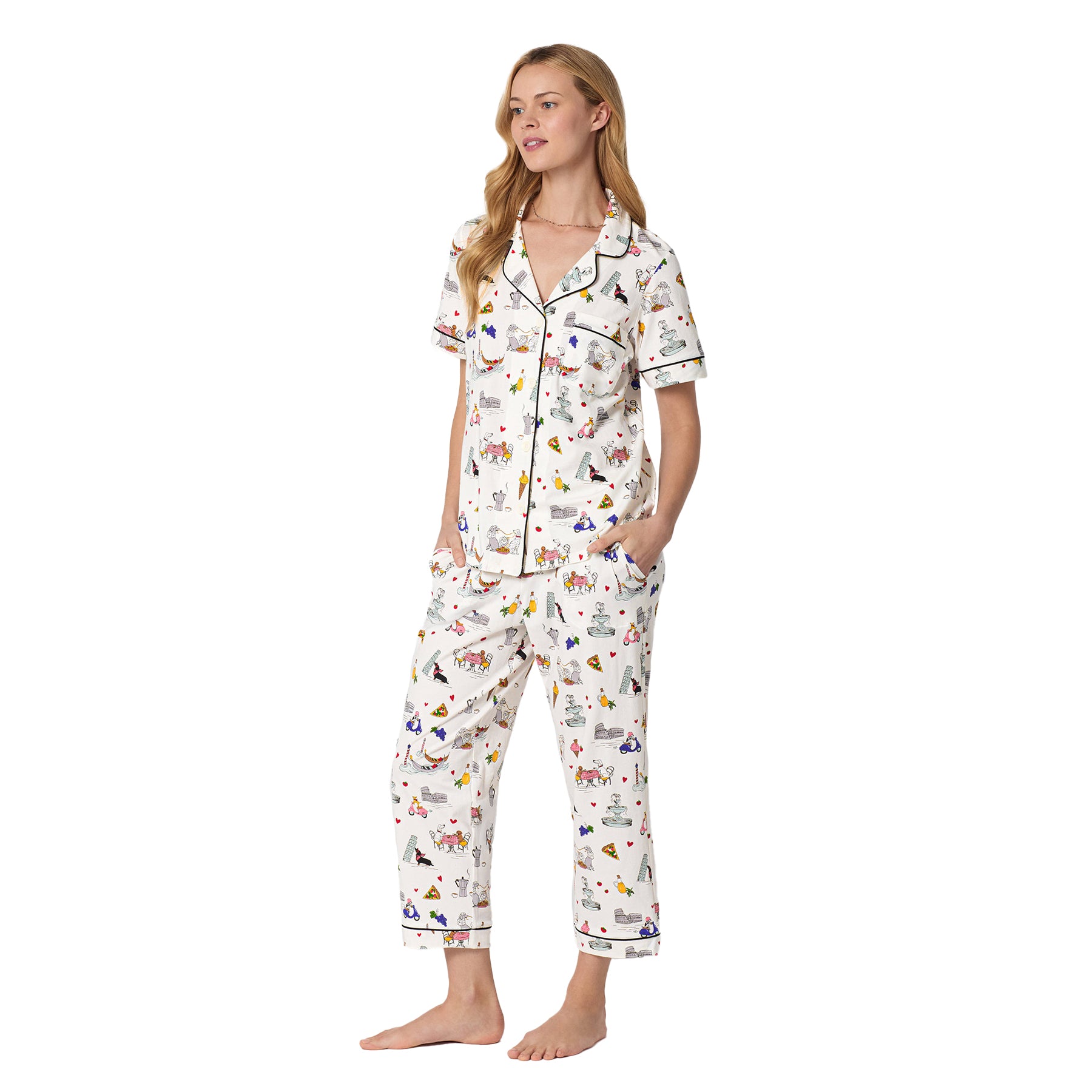 Front angled view of Bedhead pajama set with lightweight short sleeve PJ top and matching cropped sleep pants.