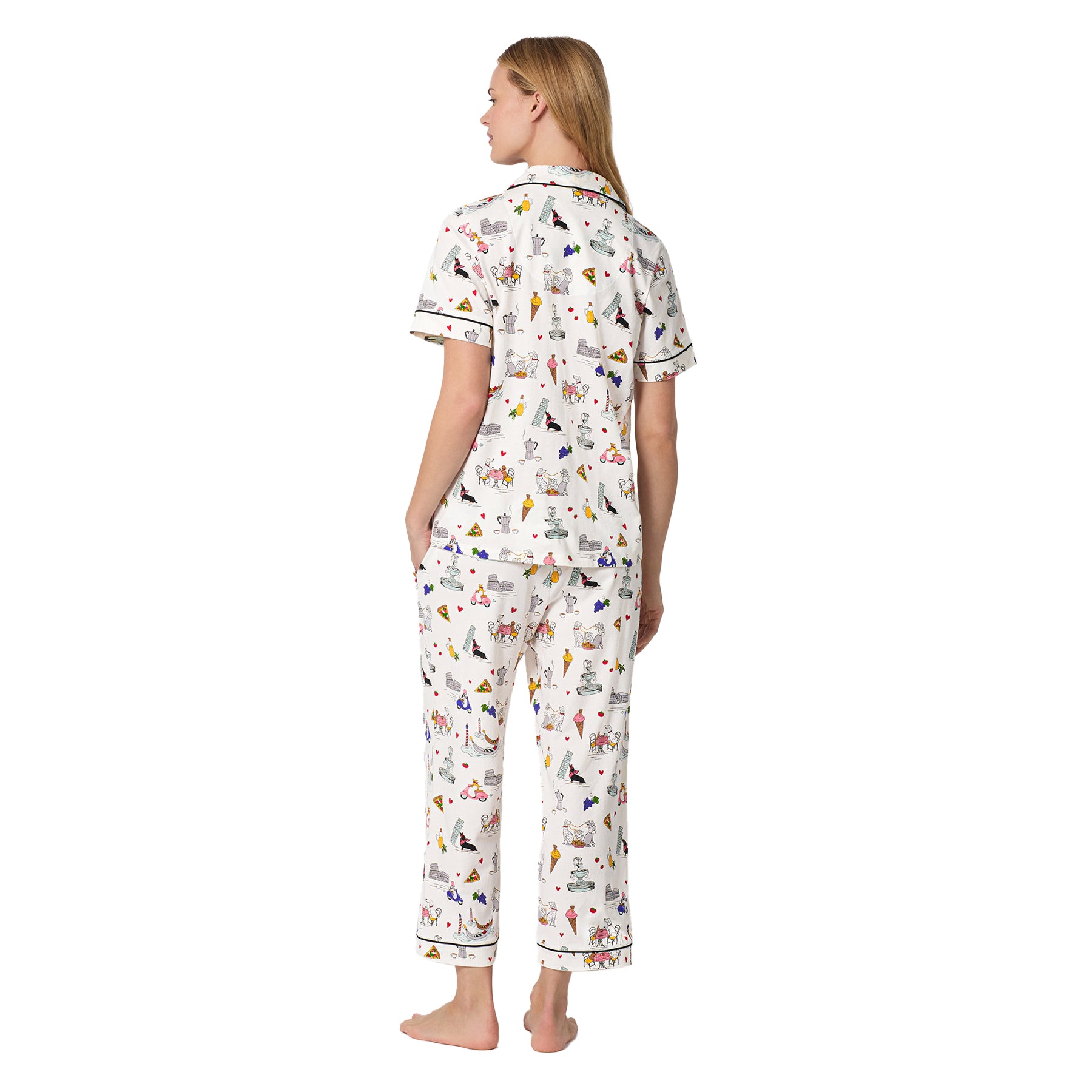 Back view of Bed Head pajama PJ set featuring colourful Italian vacation print on soft white sleepwear fabric.