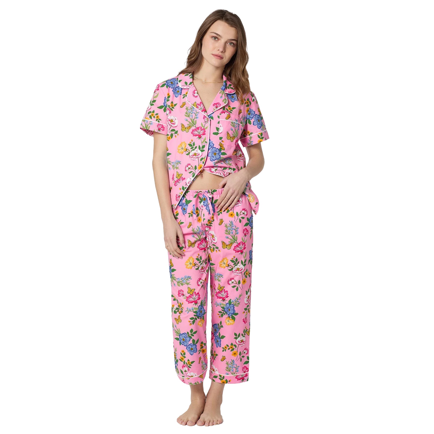 Bedhead pink floral pajama set with relaxed cropped sleep pants and vibrant botanical print.