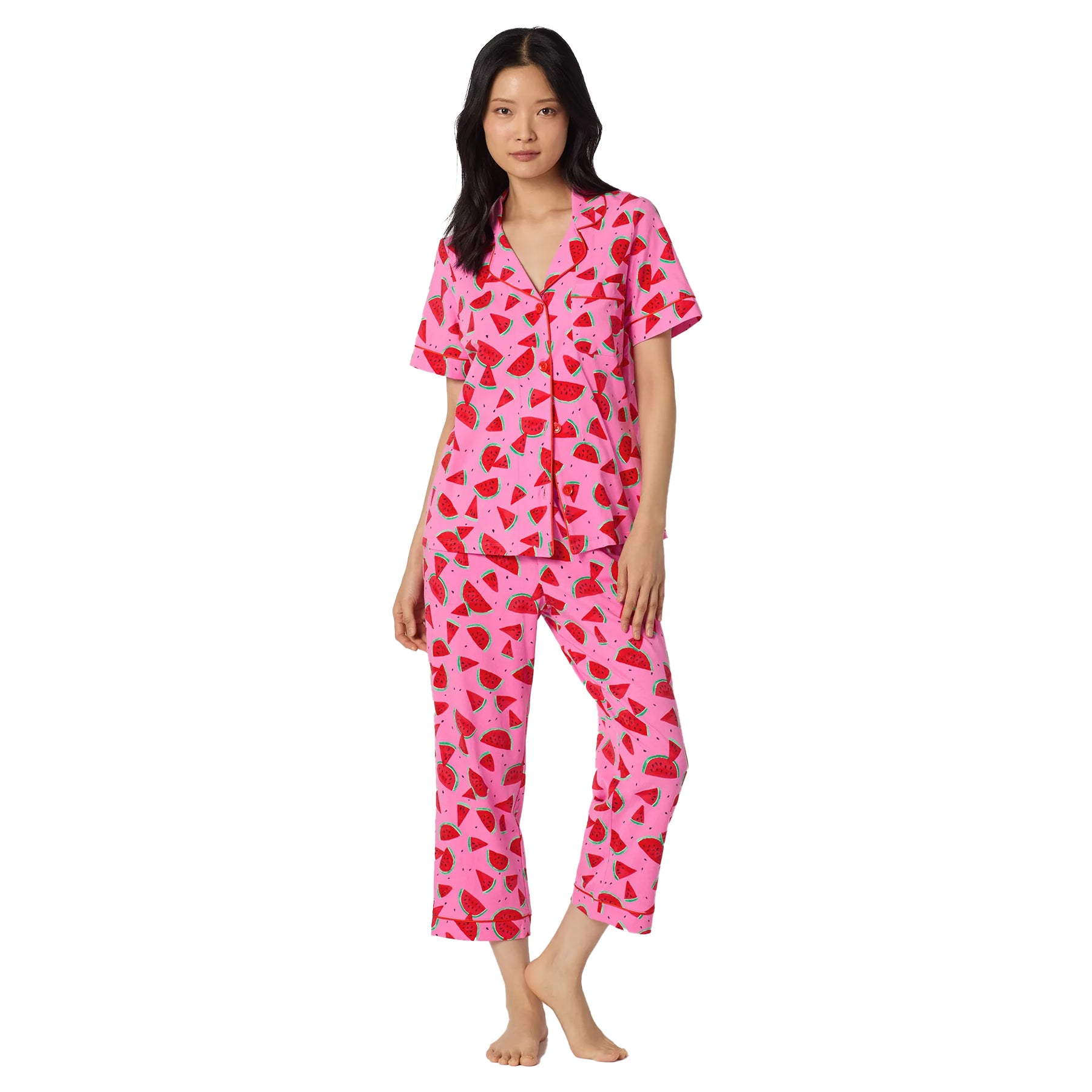 BedHead pink watermelon print pajama PJ set with short sleeve button-up sleep shirt and cropped pants.