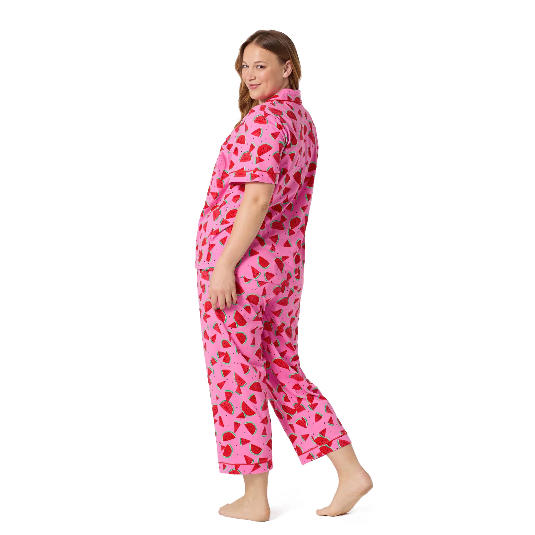 Side back view of Bedhead pink watermelon print pajama PJ set with comfortable relaxed fit silhouette.