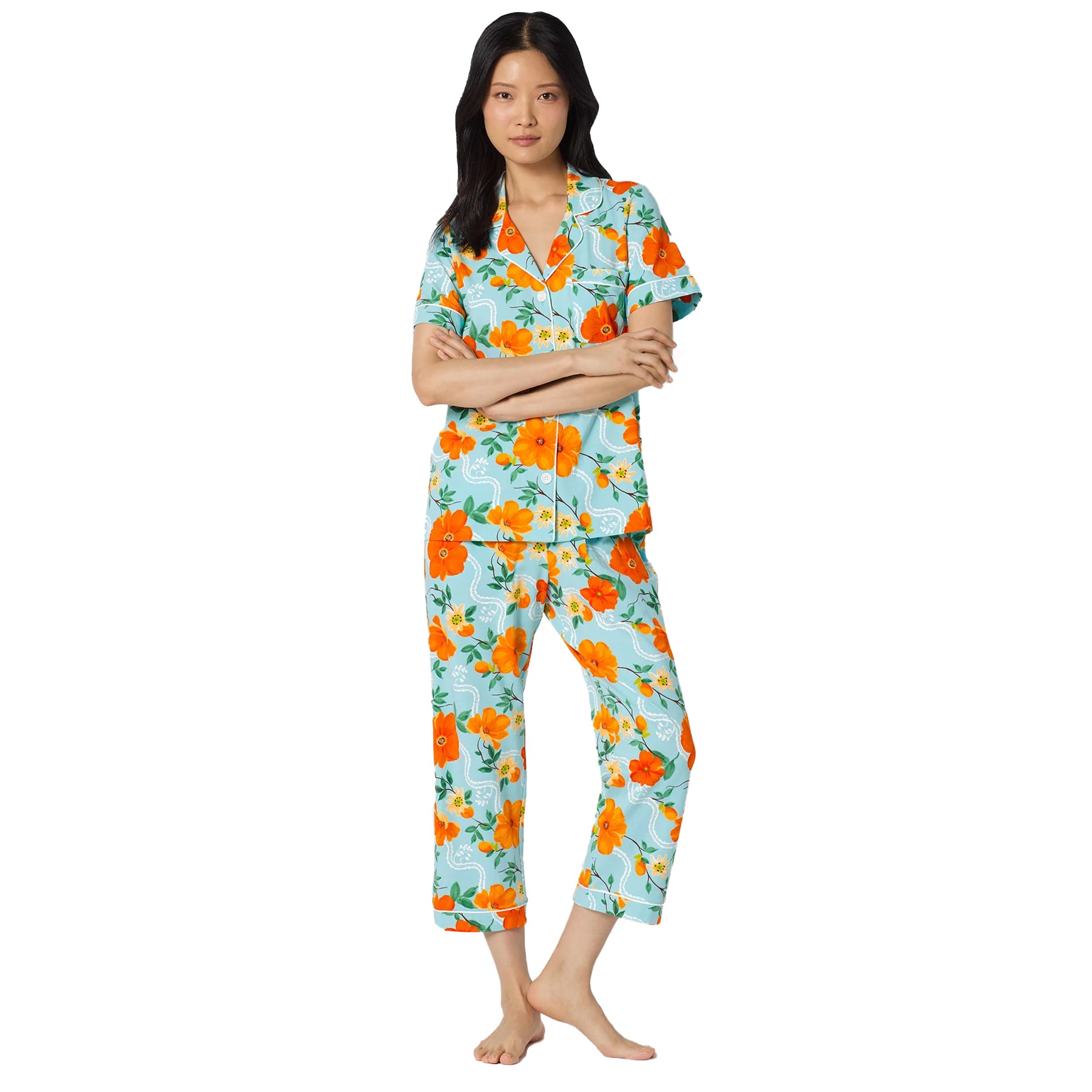 Bedhead floral pajama PJ set with orange blossom print, short sleeve sleep shirt, and cropped pajama pants.