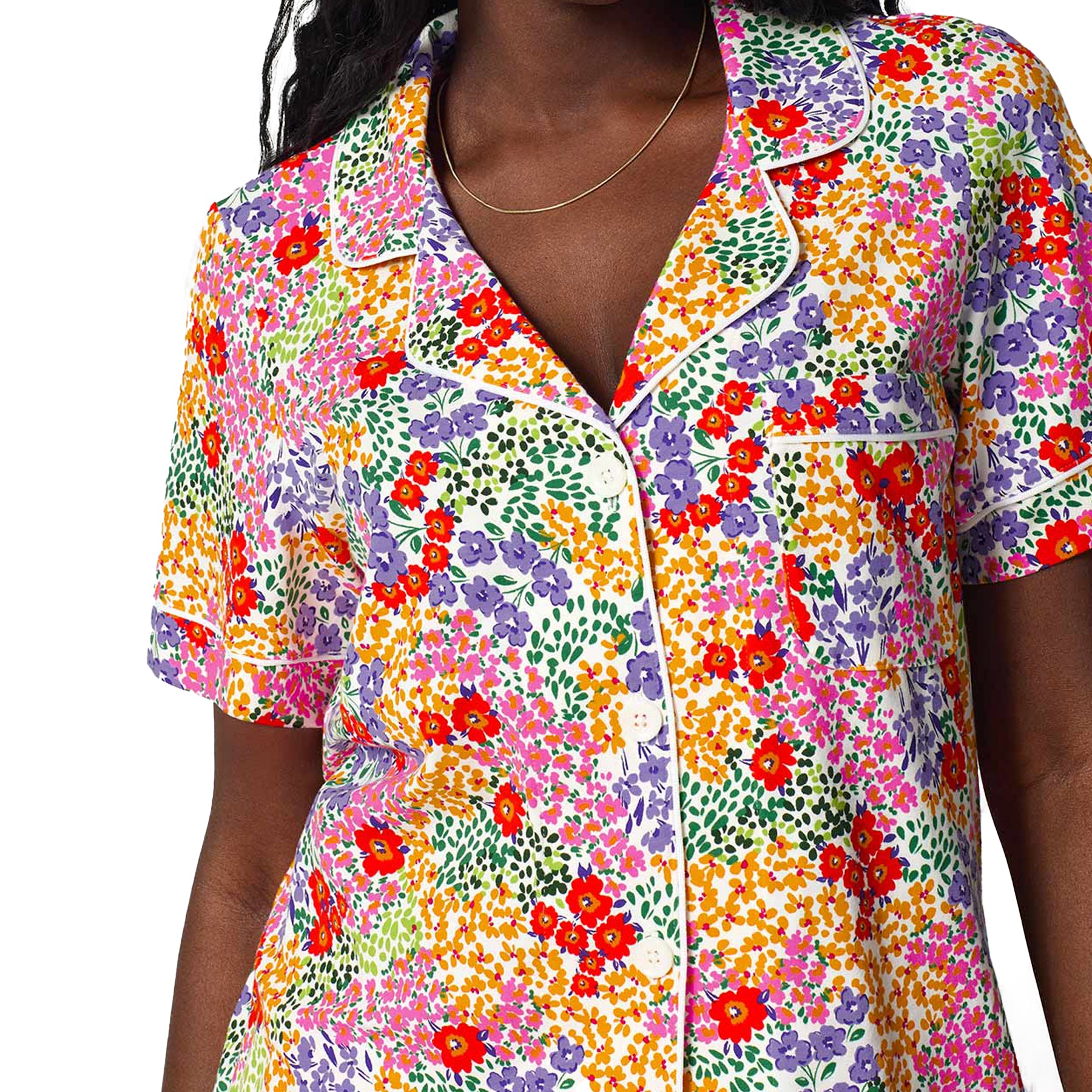 Close-up of vibrant floral pajama top with white piping, button-front closure and bold multicolour botanical print.