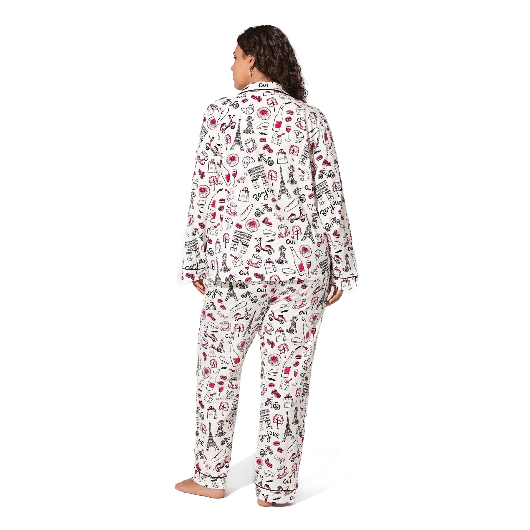 White Paris-themed pyjama set with black piping, back view on model