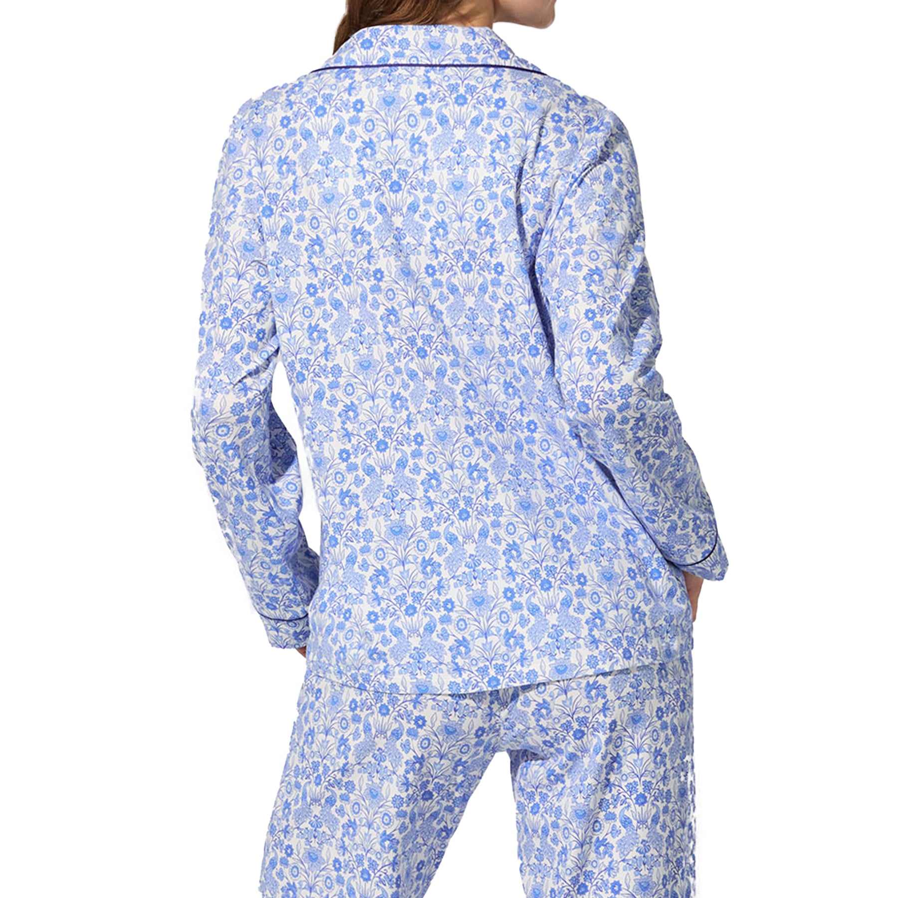 Back view of white and blue floral pyjama set, showing all-over floral print.