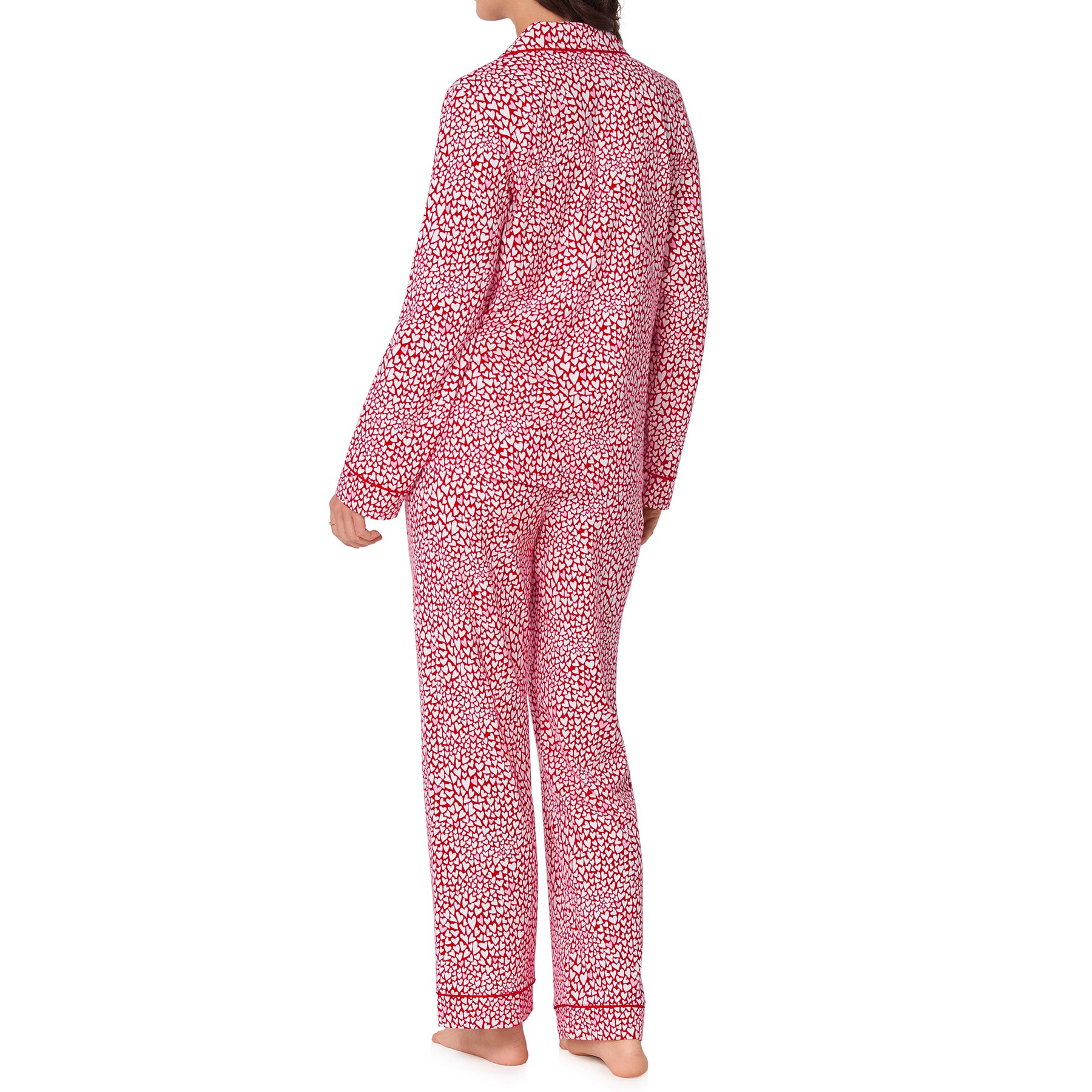 Red and white patterned pajama set on a white background