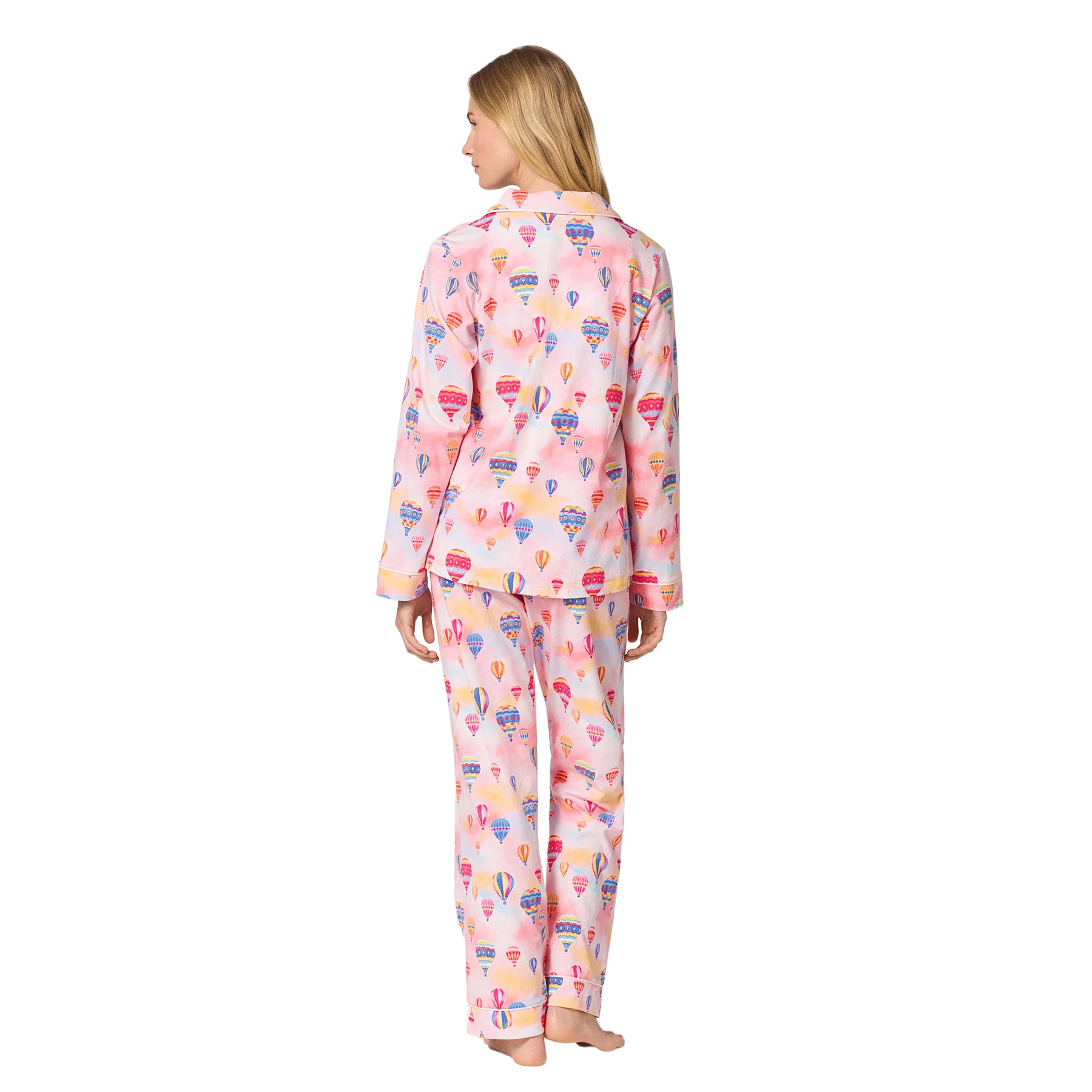 Back view of a pink long-sleeve pajama set with colourful hot air balloon print and full-length pants.