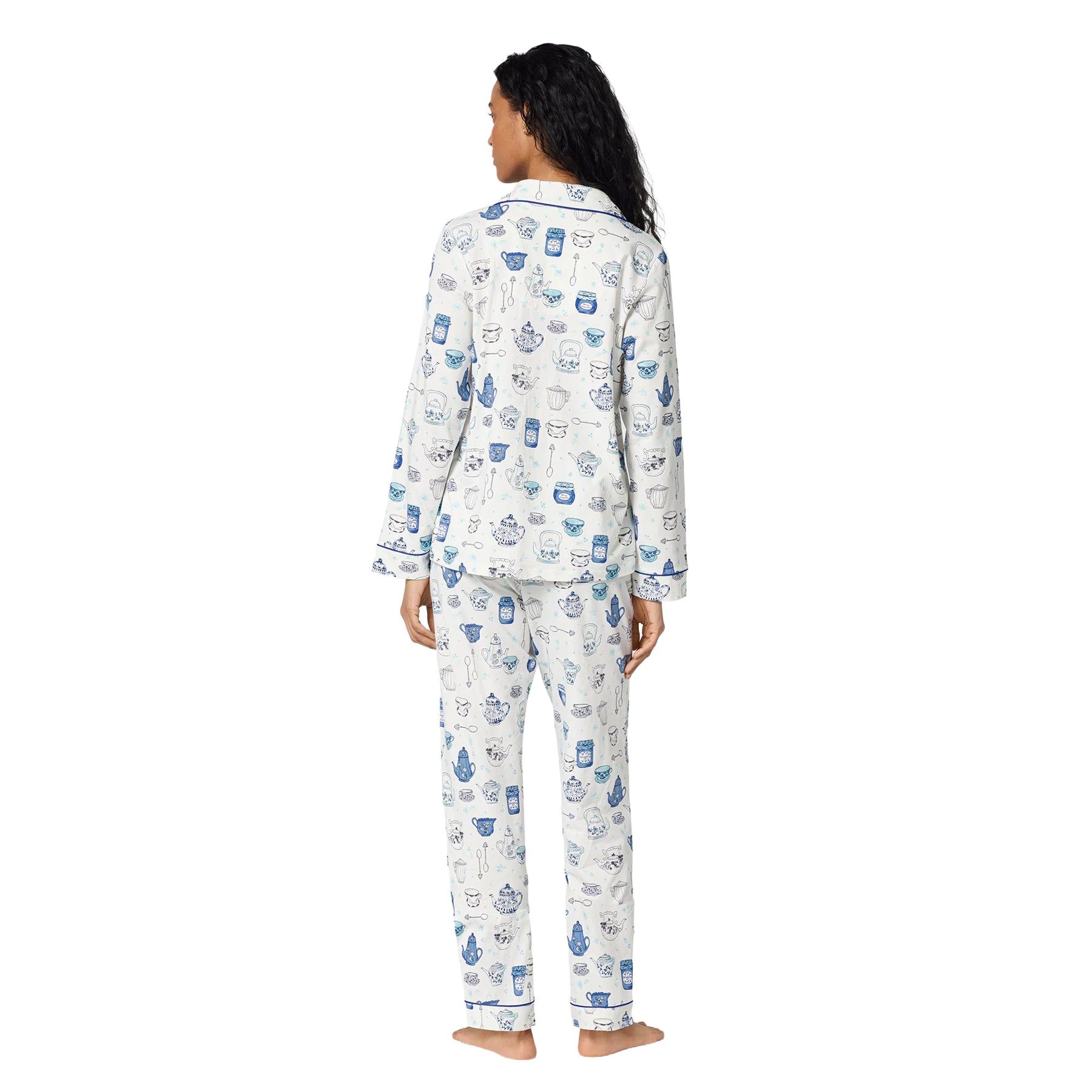 Back view of BedHead white pajama set featuring a blue teapot and teacup print with contrast piping.