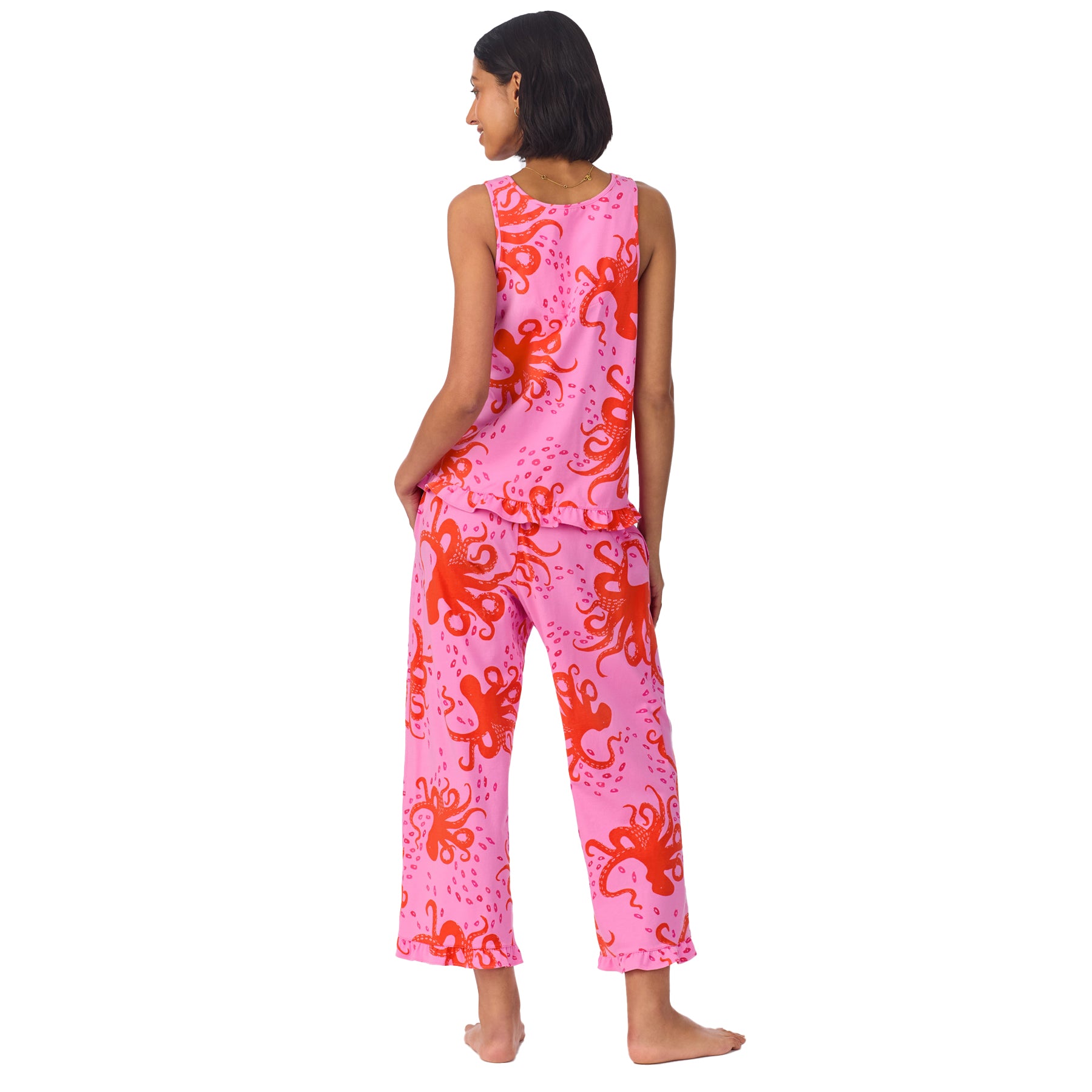 Back view of the octopus print pajama set showing the pattern and ruffled hem on the tank and pants.
