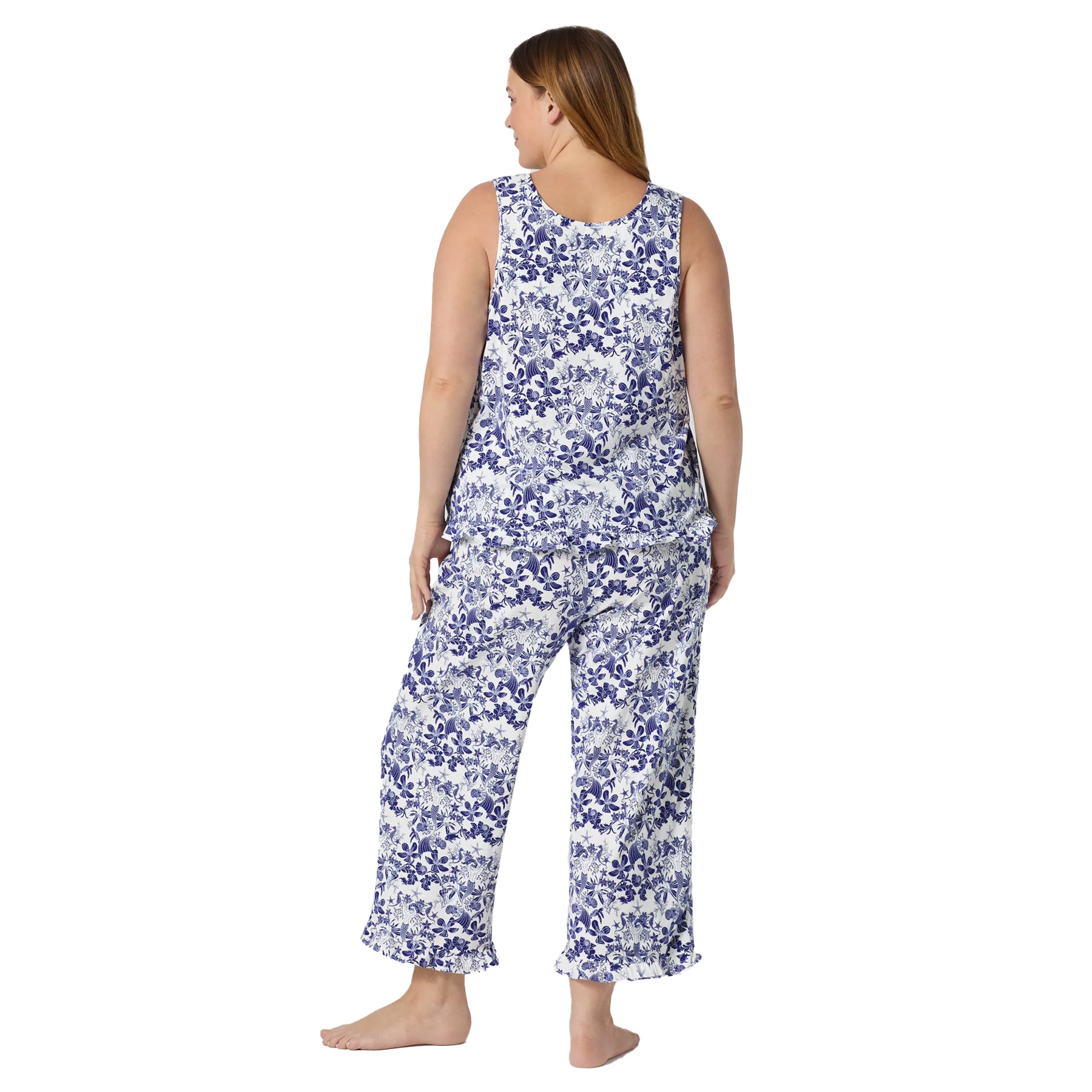 Back view of Bed Head sleeveless pajama set featuring blue ocean-inspired floral and mermaid print sleepwear.