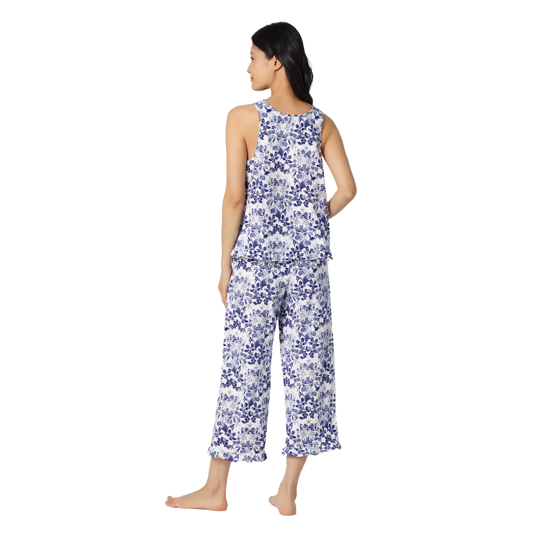 Back view of plus size Bed Head pajama set with blue floral under the sea print and cropped pants.