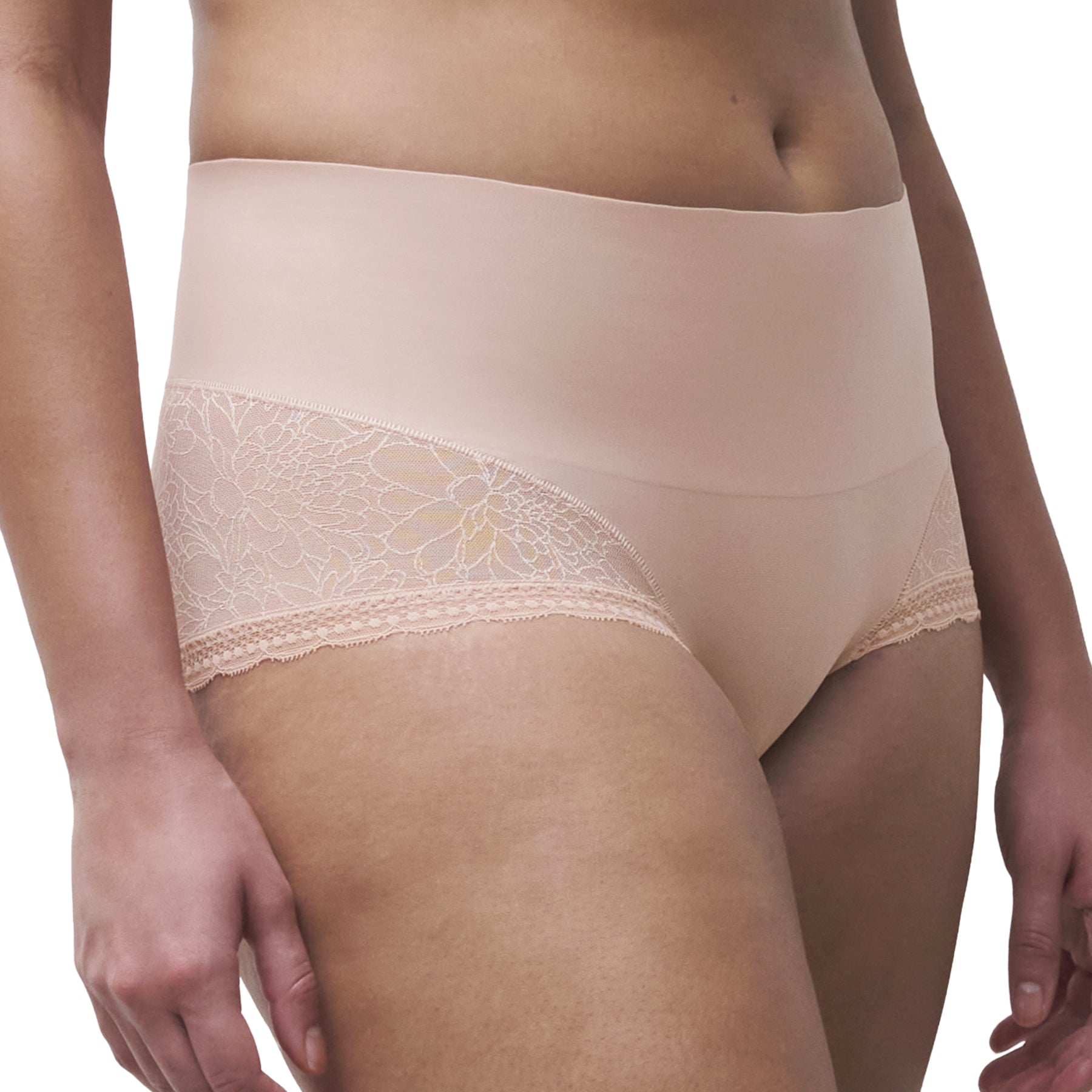 Side view of Chantelle high-waist smoothing shorty in soft blush featuring a smooth high-rise waistband, seamless microfiber front, and floral lace side details.