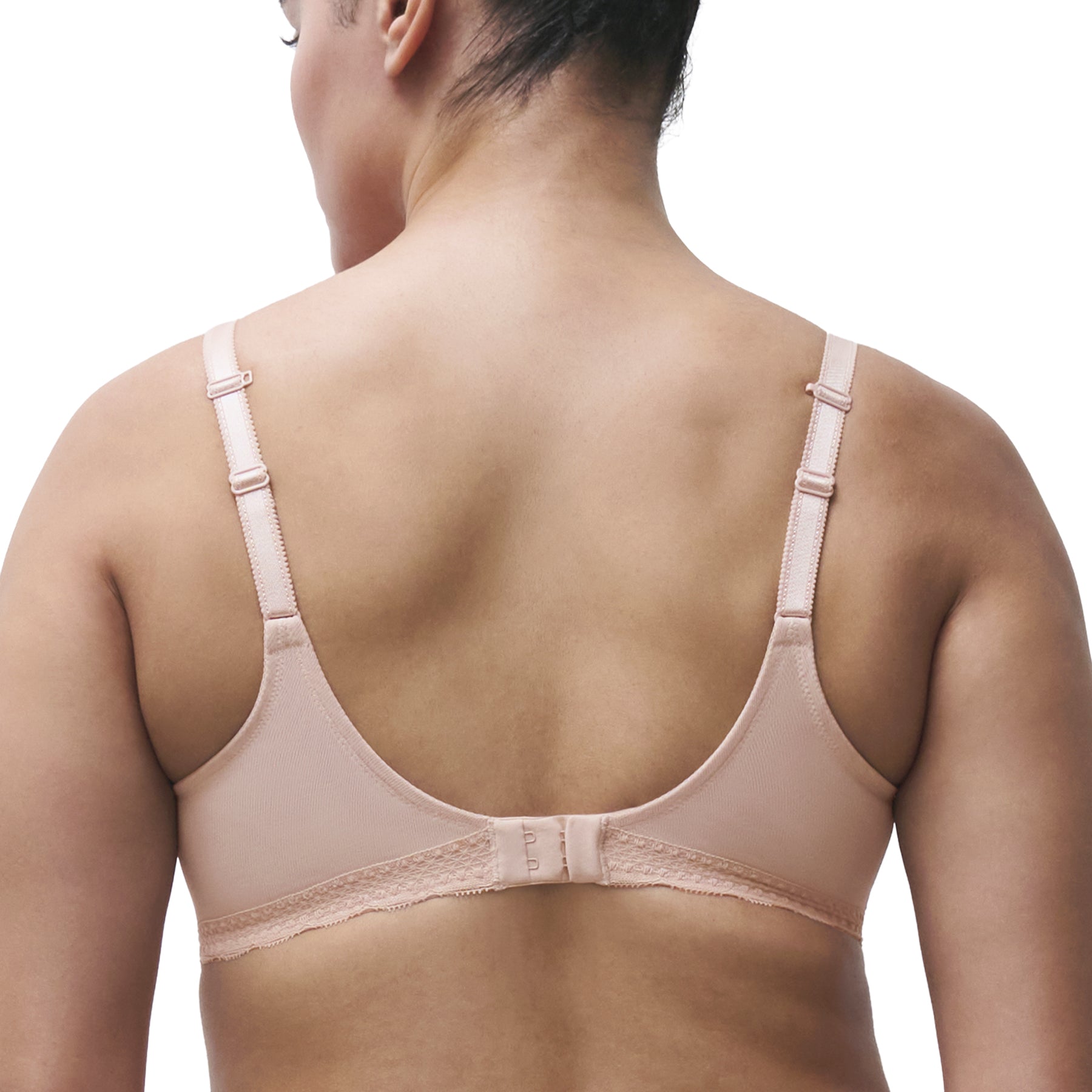 Back view of Chantelle blush pink lace full cup underwire bra with adjustable straps and smooth supportive back band.