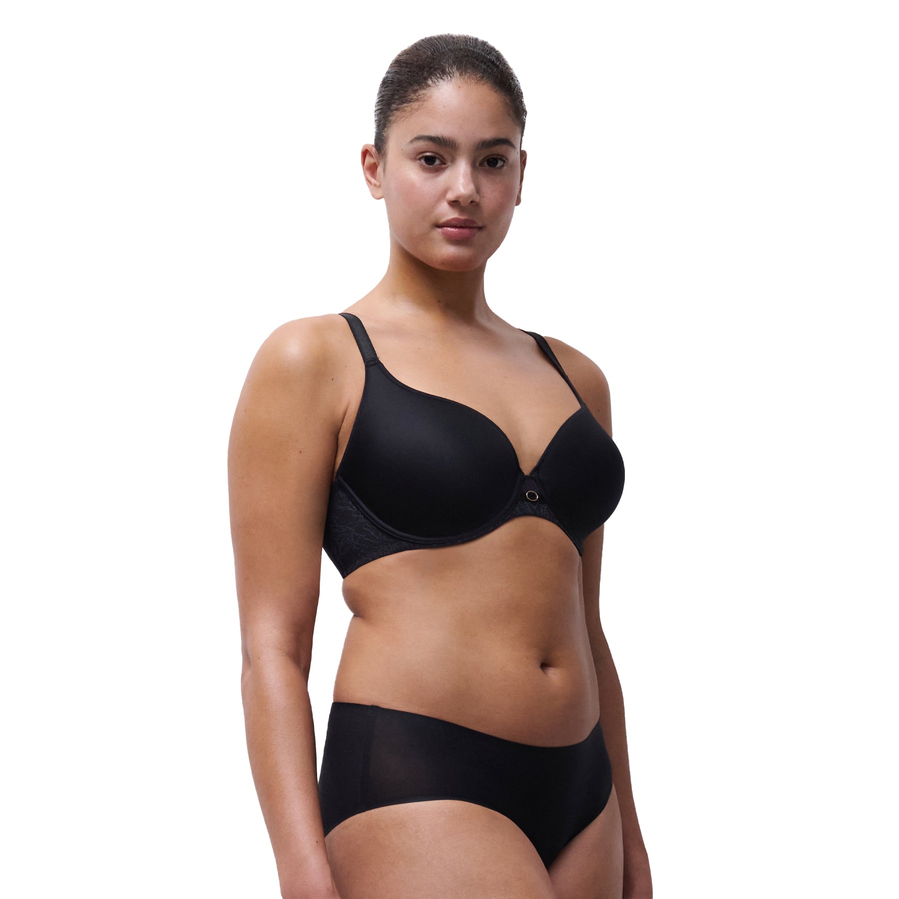 Model in black spacer plunge bra and seamless black underwear angled side view