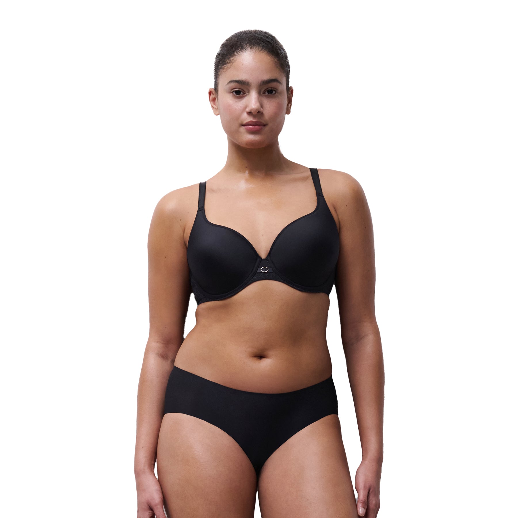 Full body view of model wearing black spacer plunge bra and matching underwear