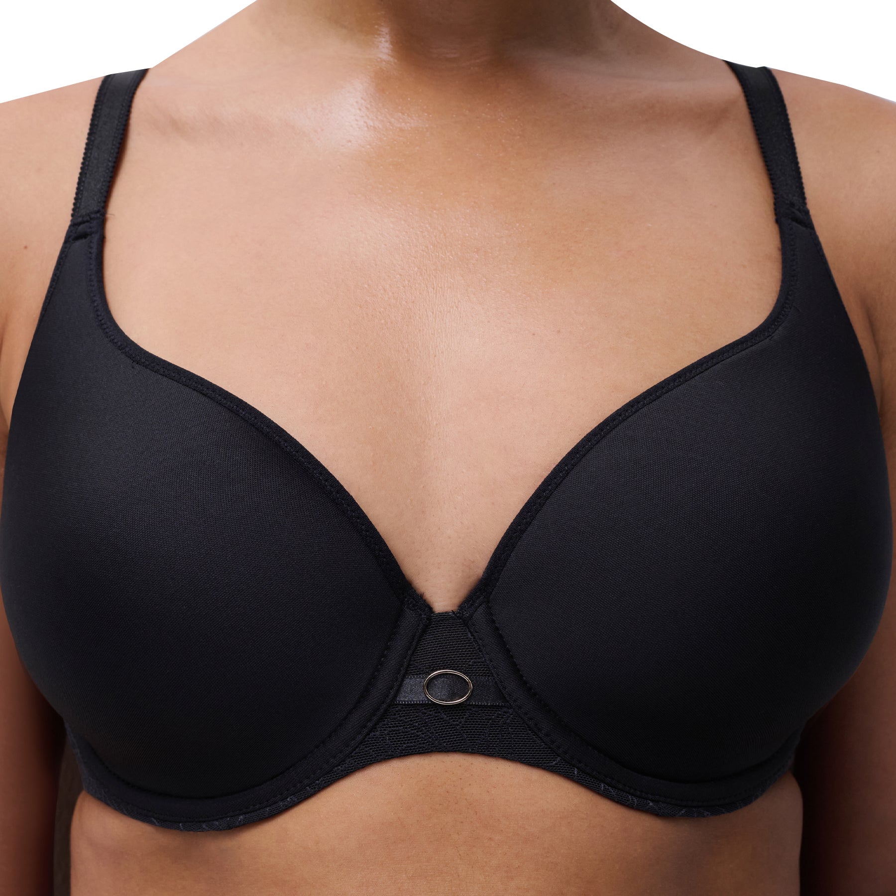 Close-up of black spacer bra cups with deep plunge neckline and centre ring detail