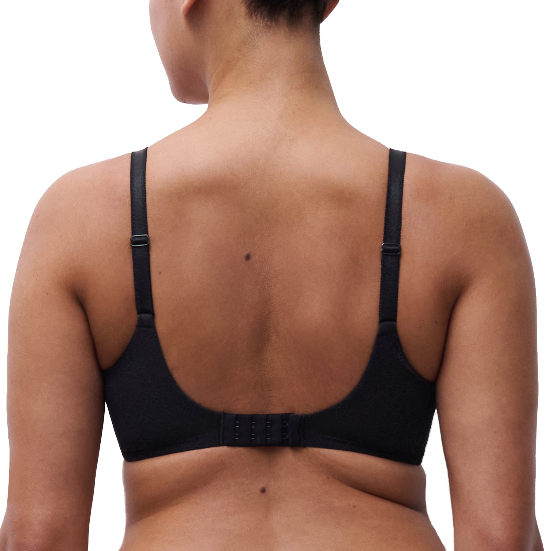 Back view of black spacer bra with adjustable straps and smooth supportive band