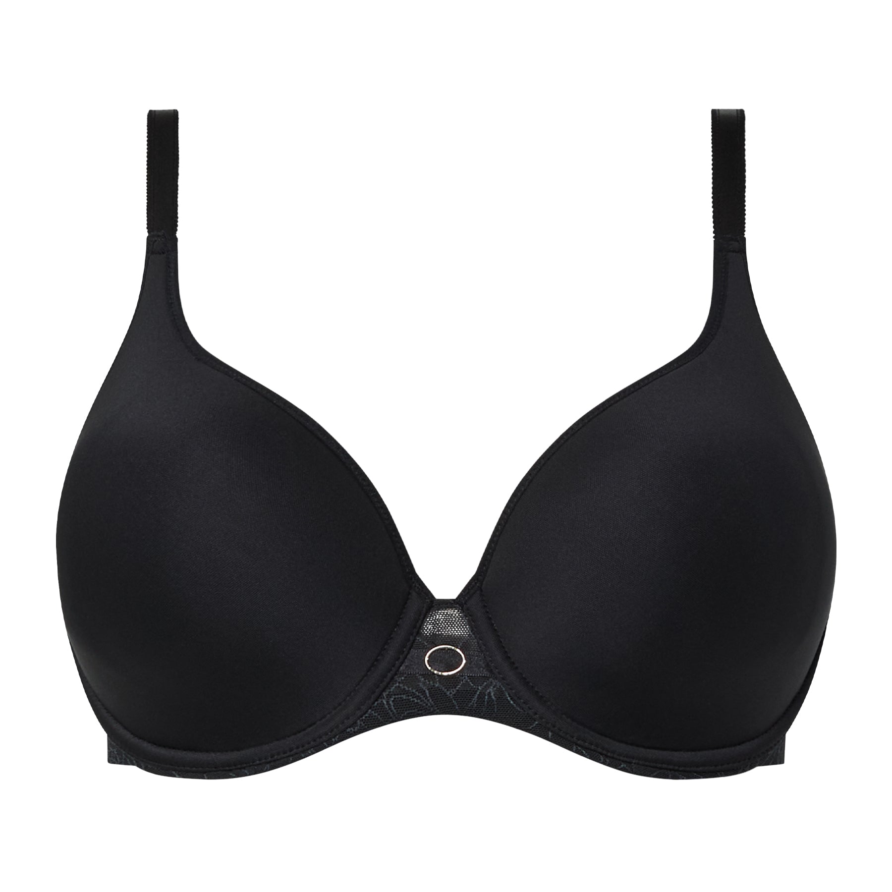 Black spacer plunge bra with smooth molded cups and modern ring detail at centre front