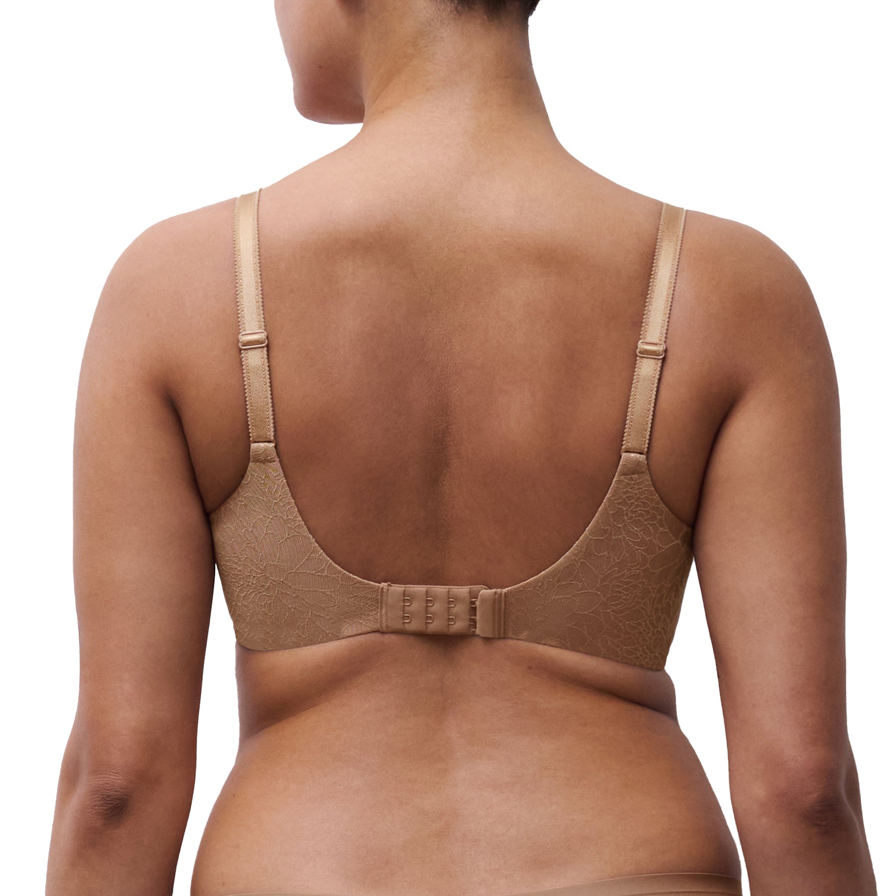 Back view of nude spacer bra with adjustable straps and smooth lace band