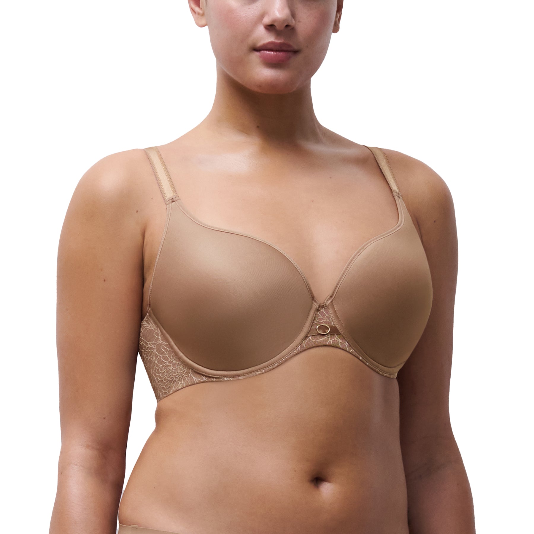 Model wearing nude spacer T-shirt bra with smooth supportive cups