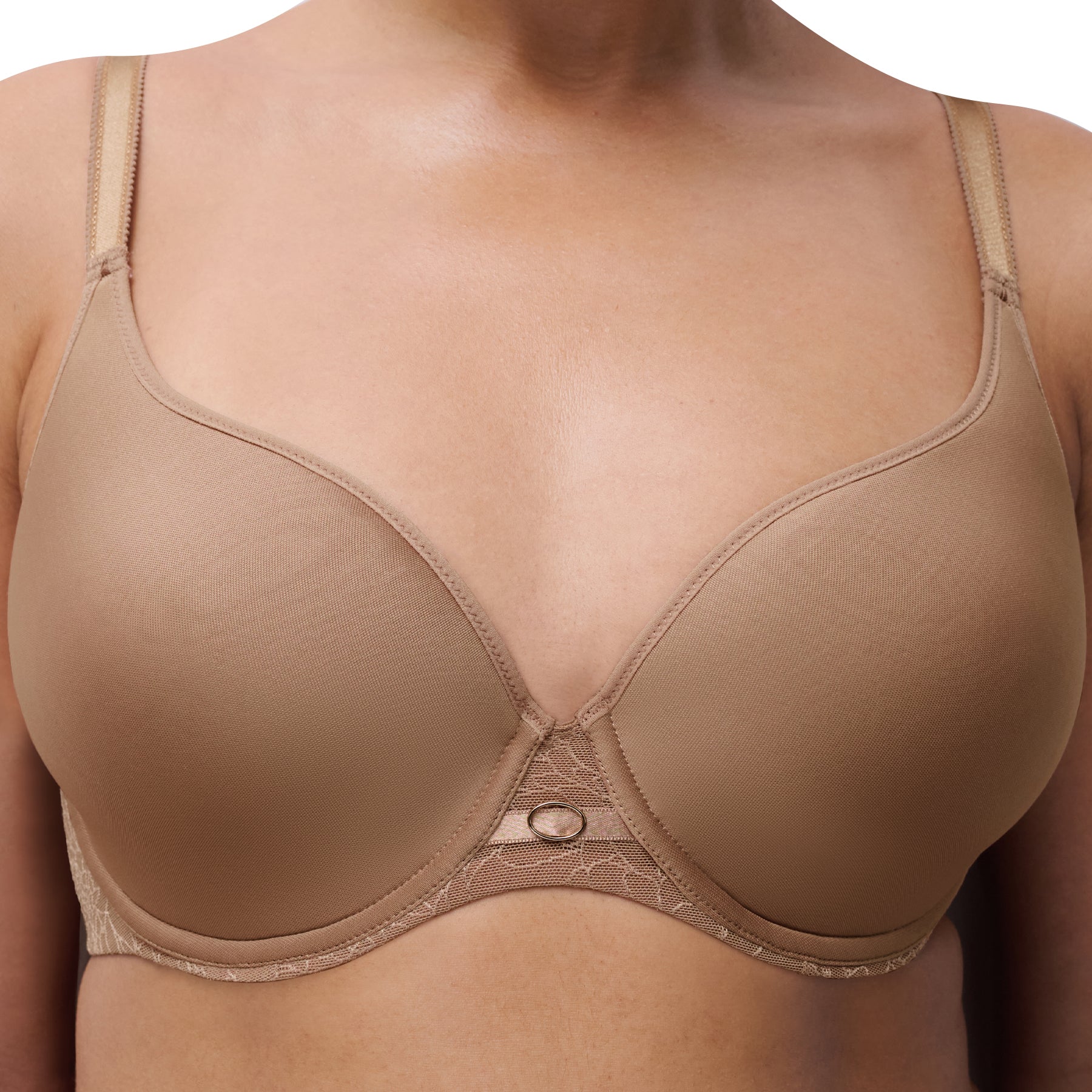 Close-up of nude spacer bra cups with lace centre panel and ring detail