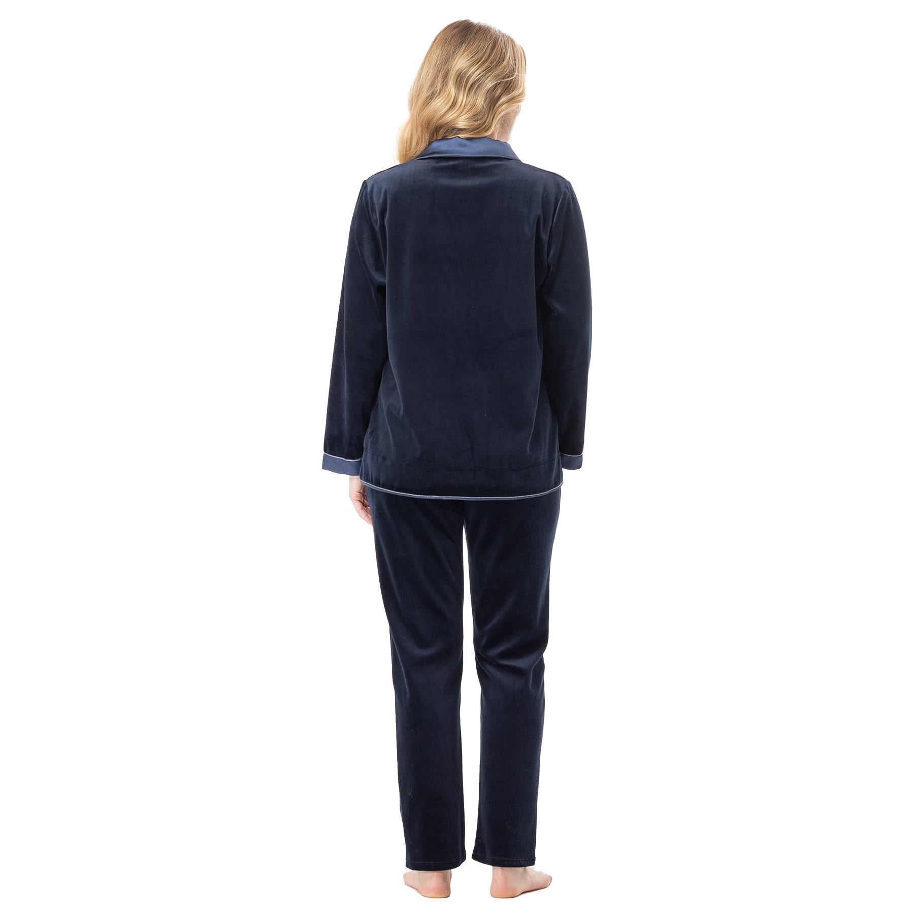 Back view of navy velour pyjama set showing relaxed fit and smooth texture.