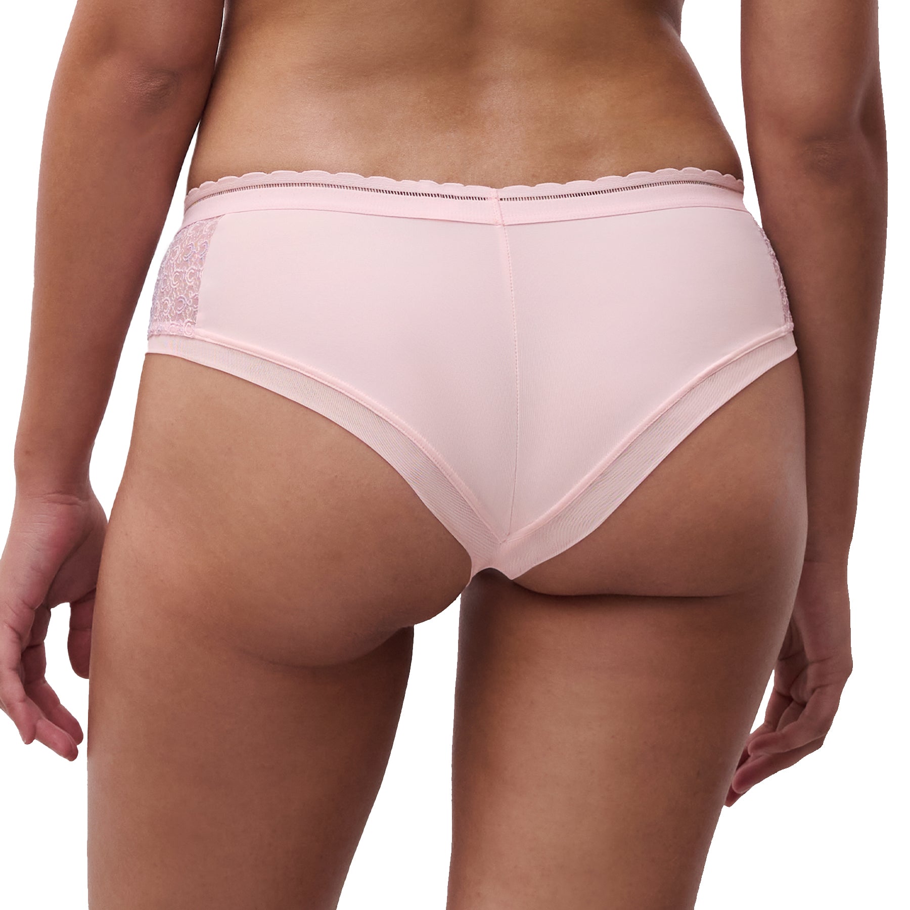 A model wearing a Shorty Pink Chantelle on the white background, back view.