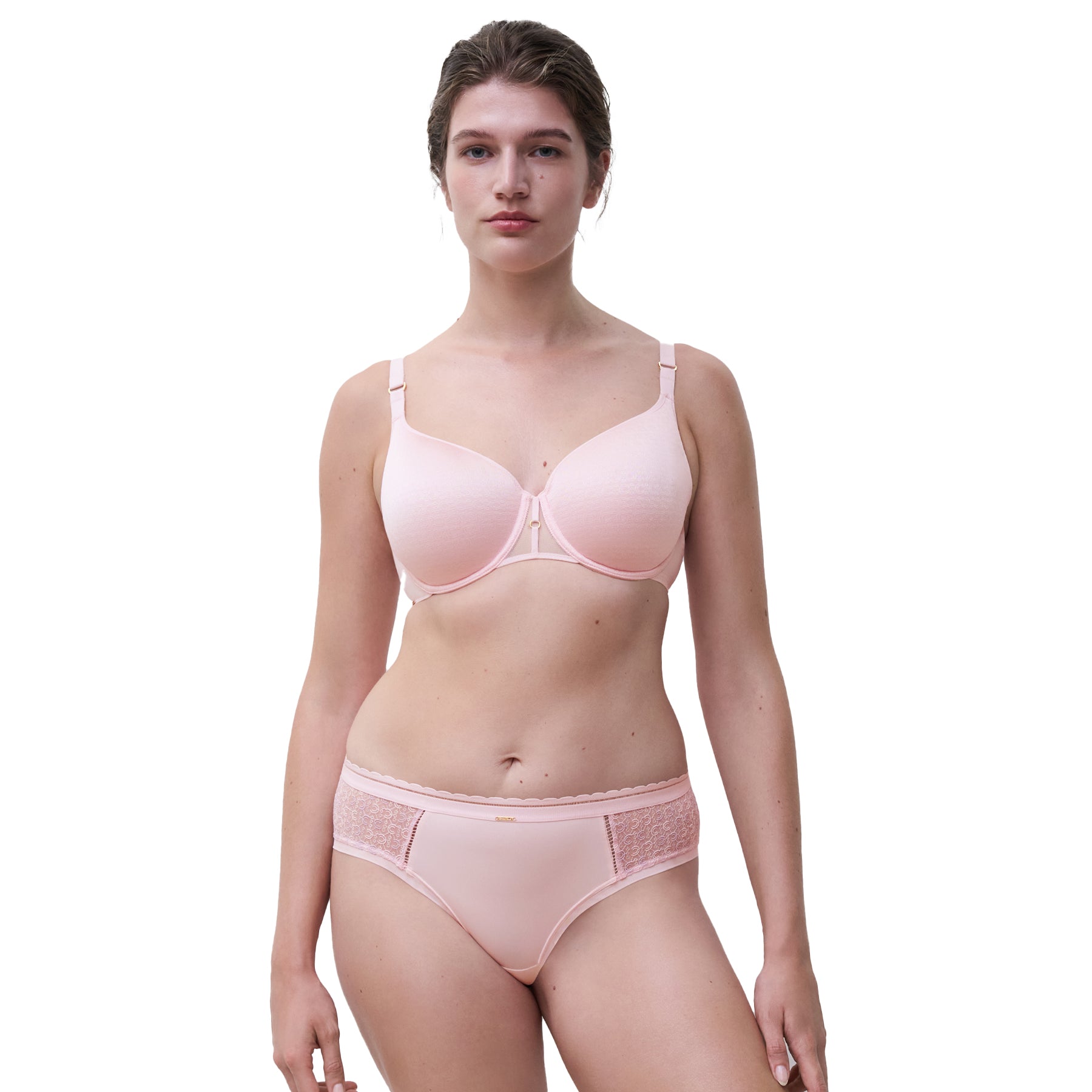 A model wearing a pink Chantelle bra on the white background.