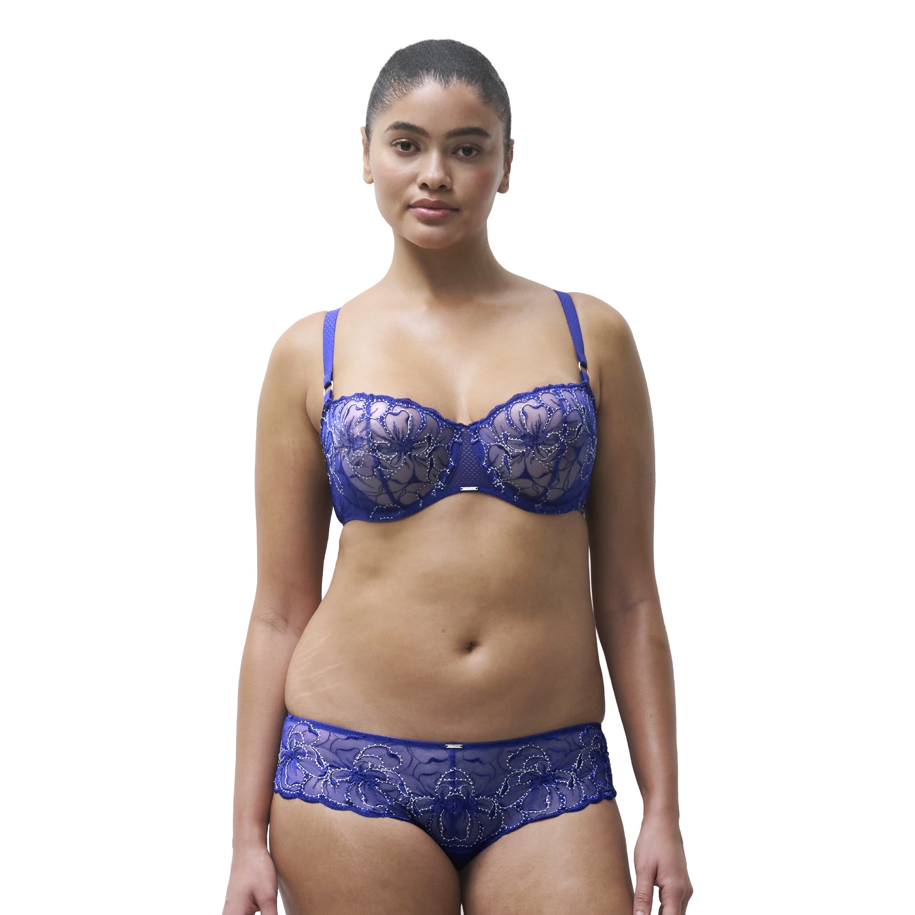 Front view of the Chantelle floral embroidered balconette bra paired with matching briefs, showcasing the full floral embroidery and flattering neckline.