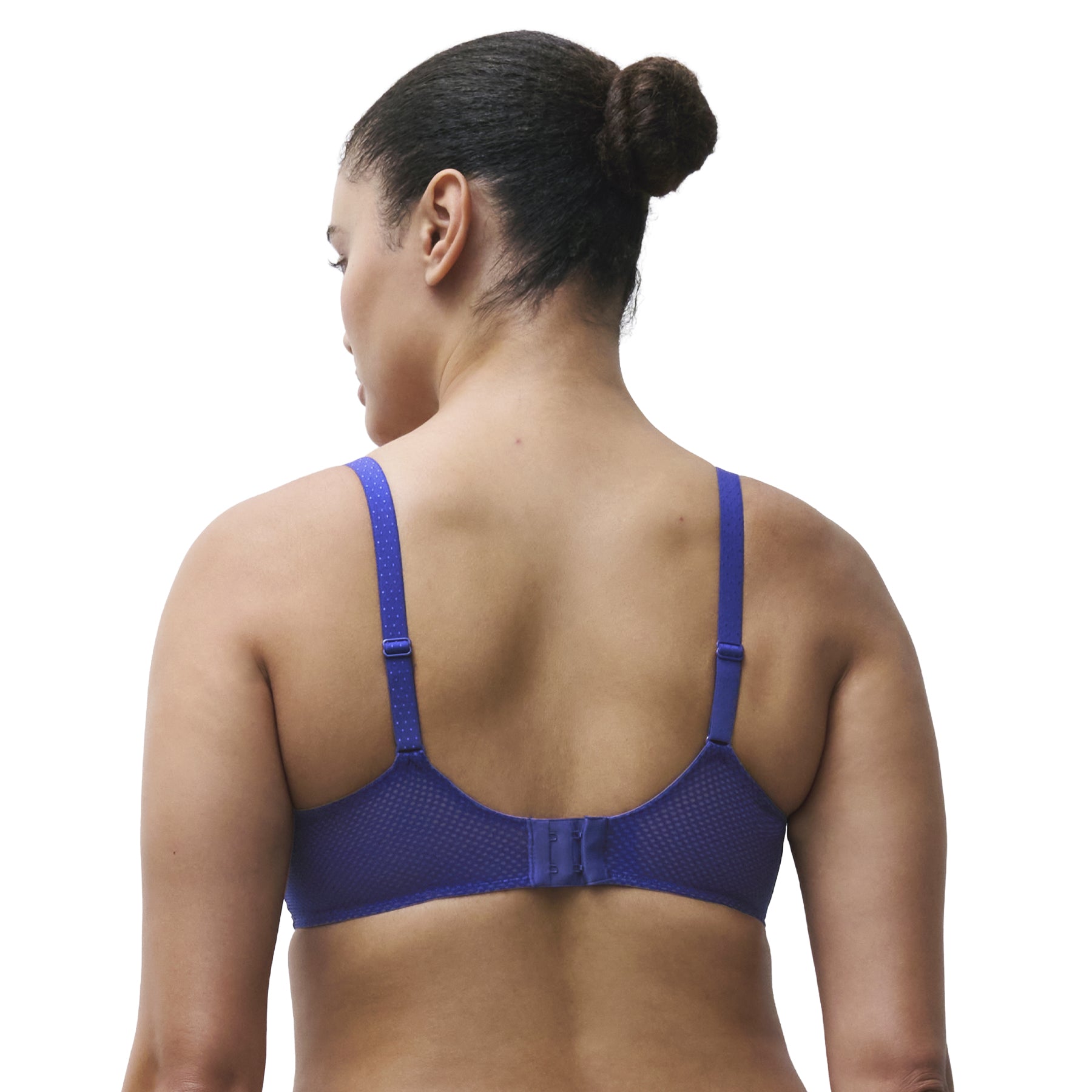 Back view of the Chantelle balconette bra with smooth dotted mesh wings, adjustable straps, and a secure hook-and-eye closure.