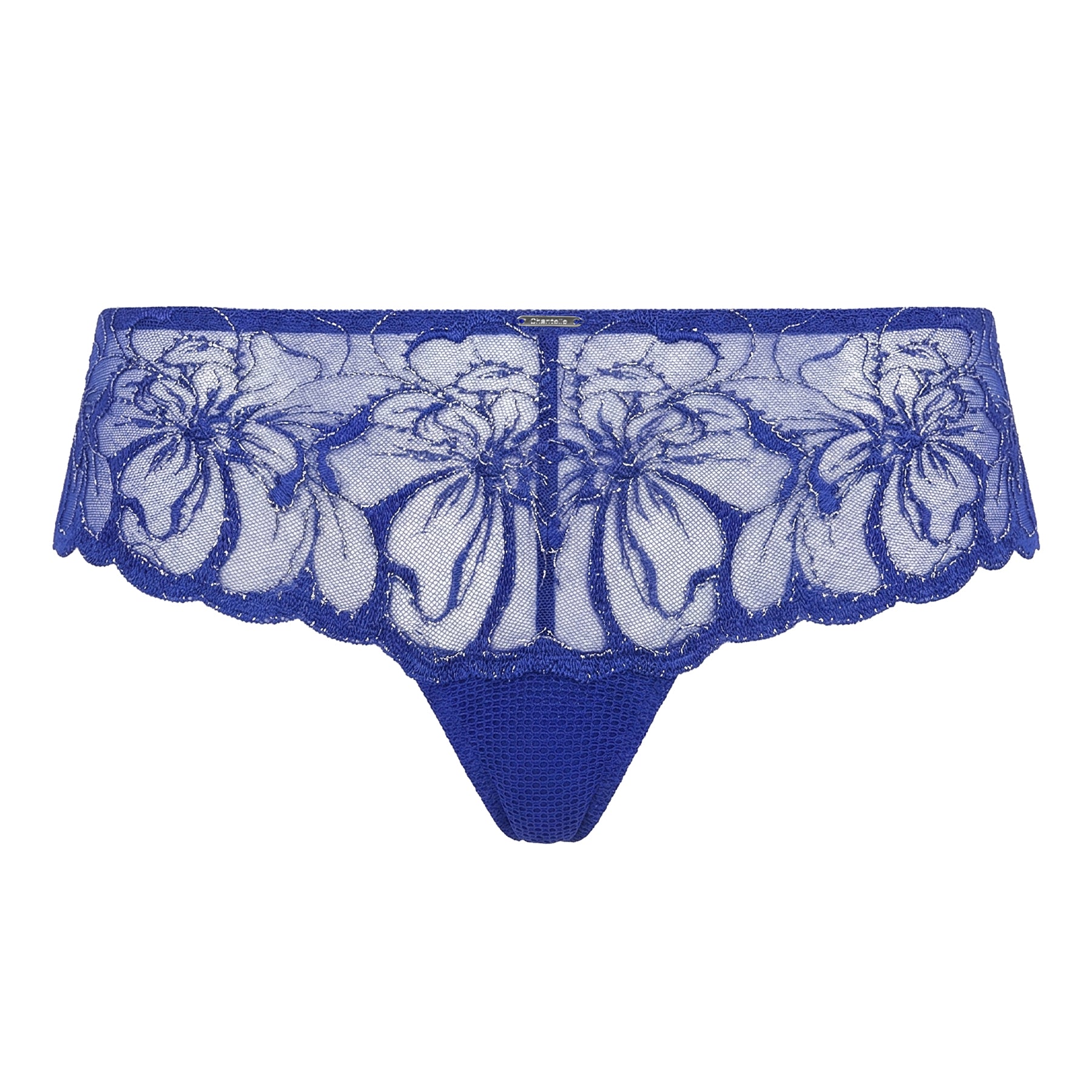 Chantelle royal blue embroidered shorty with sheer floral lace, shimmering silver embroidery, and a comfortable low-rise fit on a white background.