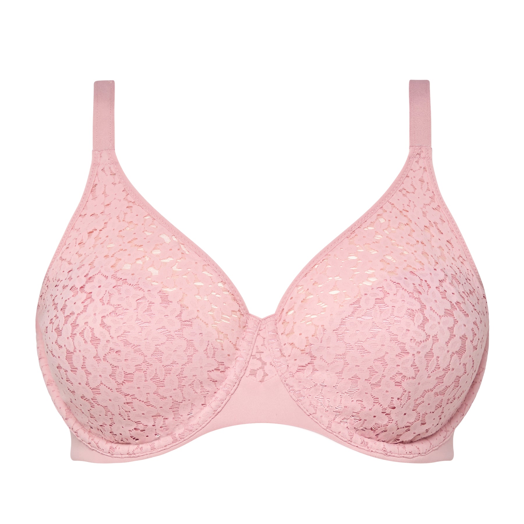 Rose des Sables lace underwire bra with smooth cups and floral lace overlay on white background